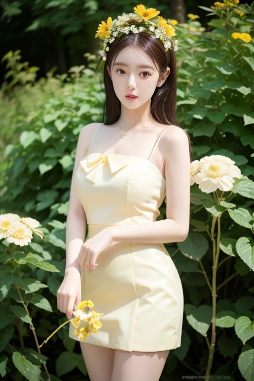 (Best Quality, Masterpiece: 1.2), Portrait, Big , Outdoor, 25-Year-Old Woman in the Garden: 2, White Miniskirt, (Pale Yellow Flower Confusion in the Background: 1.3) Same character, different costume, different angle, backlight: 1.5, rich skin detail: 1.5,