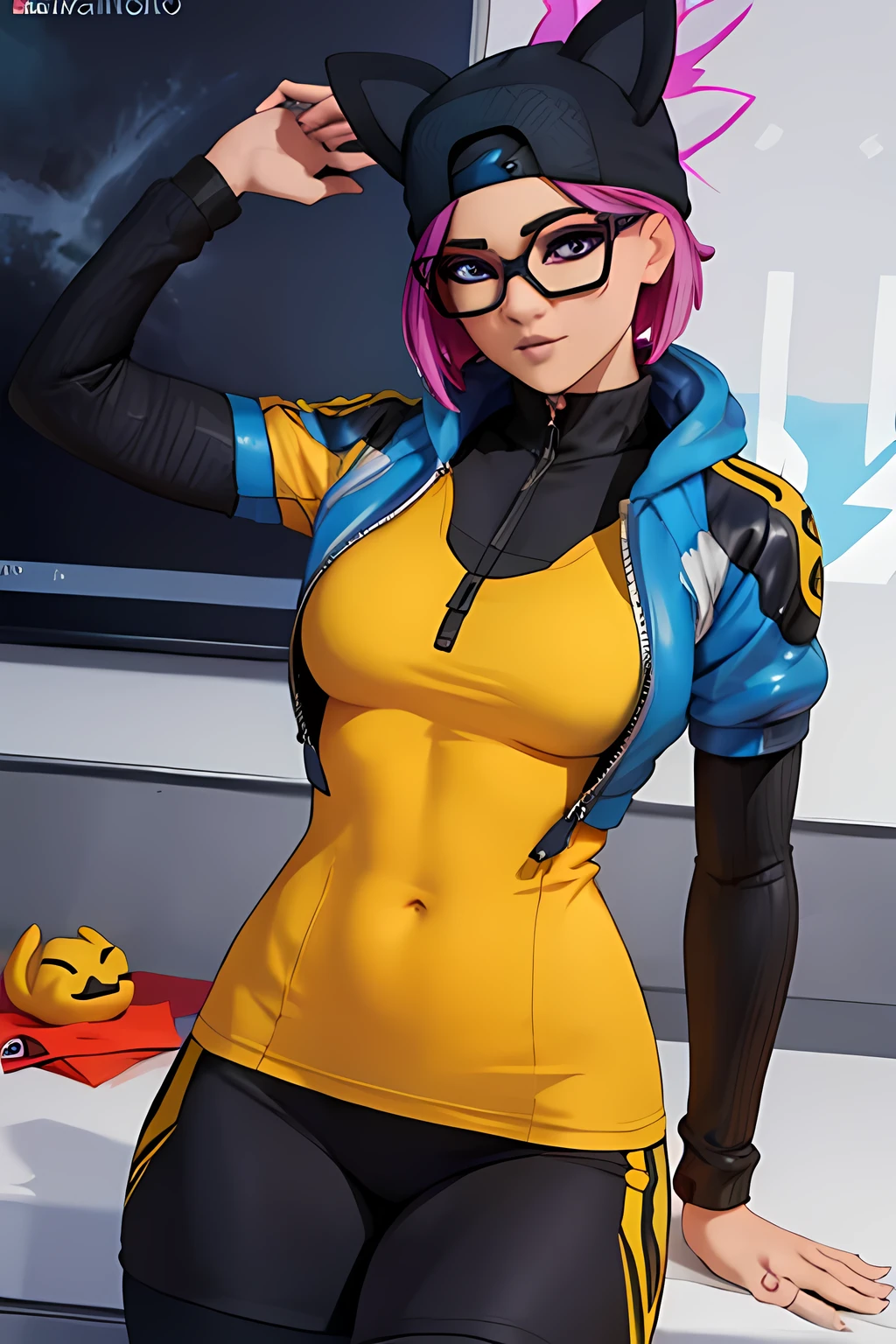 1 chica lynx ,reposando , luna noche, leggins, chaqueta azul,Extremadamente detallado, rostro detallado, gafas ,hermoso rostro, ojos finos, mirando al espectador, pose femenino