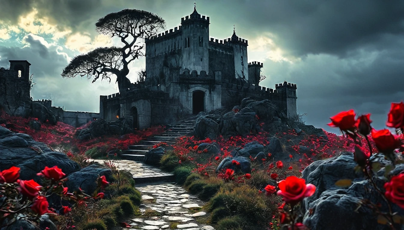 castelo of bloody roses,rosas vermelhas,old tree,sinistro por Greg Rutkowski,pintura fosca detalhada,Hyper-detailed charcoal drawing,(melhor qualidade,4K,8k,high resolution,obra de arte:1.2),ultra-detalhado,(realista,photorealista,photo-realista:1.37),HDR,Ultra HD,studio lighting,Pintura ultrafina,sharp focus,physically based rendering,extreme detailed description,profissional,cores vivas,Bokeh,Horror,castelo,atmosfera misteriosa,vinhas espinhosas,arquitetura antiga,threatening sky,sombras escuras,beleza assustadora,gothic elements,Estrutura majestosa,ominous presence,jardim encantado,pingando sangue,petals dipped in crimson,AMBIENTE TRISTE,figuras sinistras,gritos distantes,segredos obscuros,barren branches,mystic energy,Noite de lua cheia,atmosfera assombrada,Danger lurking,paredes manchadas de sangue,macabre elegance,Beleza retorcida,simbolismo hipnotizante,crumbling stones,Forgotten history,ventos sussurrantes,nostalgic charm,textura robusta,moody lighting,ethereal aura,mysterious fascination,floresta encantada,romance proibido Cinematic film still, shot on v-raptor XL, film grain, vignette, color graded, post-processed, cinematic lighting, 35mm film, live-action, best quality, atmospheric, a masterpiece, epic, stunning, dramatic