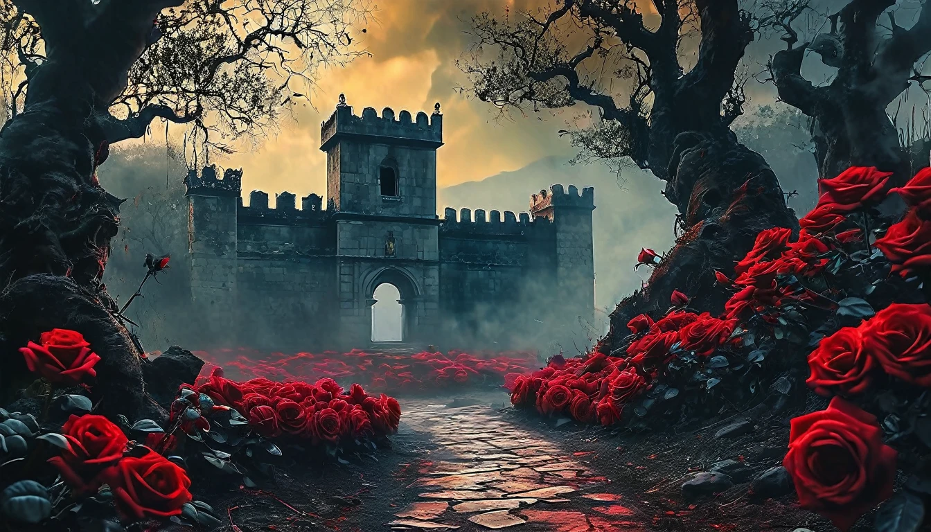 castelo of bloody roses,rosas vermelhas,old tree,sinistro por Greg Rutkowski,pintura fosca detalhada,Hyper-detailed charcoal drawing,(melhor qualidade,4K,8k,high resolution,obra de arte:1.2),ultra-detalhado,(realista,photorealista,photo-realista:1.37),HDR,Ultra HD,studio lighting,Pintura ultrafina,sharp focus,physically based rendering,extreme detailed description,profissional,cores vivas,Bokeh,Horror,castelo,atmosfera misteriosa,vinhas espinhosas,arquitetura antiga,threatening sky,sombras escuras,beleza assustadora,gothic elements,Estrutura majestosa,ominous presence,jardim encantado,pingando sangue,petals dipped in crimson,AMBIENTE TRISTE,figuras sinistras,gritos distantes,segredos obscuros,barren branches,mystic energy,Noite de lua cheia,atmosfera assombrada,Danger lurking,paredes manchadas de sangue,macabre elegance,Beleza retorcida,simbolismo hipnotizante,crumbling stones,Forgotten history,ventos sussurrantes,nostalgic charm,textura robusta,moody lighting,ethereal aura,mysterious fascination,floresta encantada,romance proibido Cinematic film still, shot on v-raptor XL, film grain, vignette, color graded, post-processed, cinematic lighting, 35mm film, live-action, best quality, atmospheric, a masterpiece, epic, stunning, dramatic