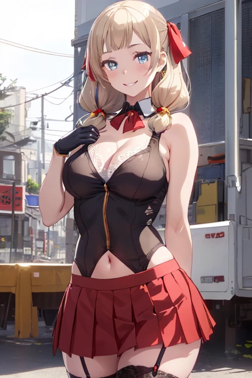 (NSFW:1.2), (8K, RAW photo, best image quality, masterpiece: 1.4), (Highly detailed CG Unity 8K wallpaper, highest quality, High resolution: 1.2), (ultra_be familiar with, UHD: 1.2), super highly be familiar with, (realistic, realistic: 1.48), 1 girl, clear eyes,large breasts,shiny hair, beautiful be familiar with cold face,enchanting smile, Beautiful and delicate eyes with intricate details,very accurate details,skin dents,outdoor,perfect face,perfect body, beautiful eyes, beautiful face,an illustration of a young woman in tight fitting outfit holding a whip, 1girl, houshou marine, solo, virtual youtuber, breasts, twintails, red hair, heterochromia, thighhighs, red eyes, yellow eyes, skirt, white gloves, gloves, long hair, looking at viewer, hair ribbon, ribbon, white background, red skirt, smile, ascot, blush, large breasts, pleated skirt, covered navel, sleeveless, brooch, see-through, jewelry, red ribbon, cleavage, lace-trimmed legwear, red ascot