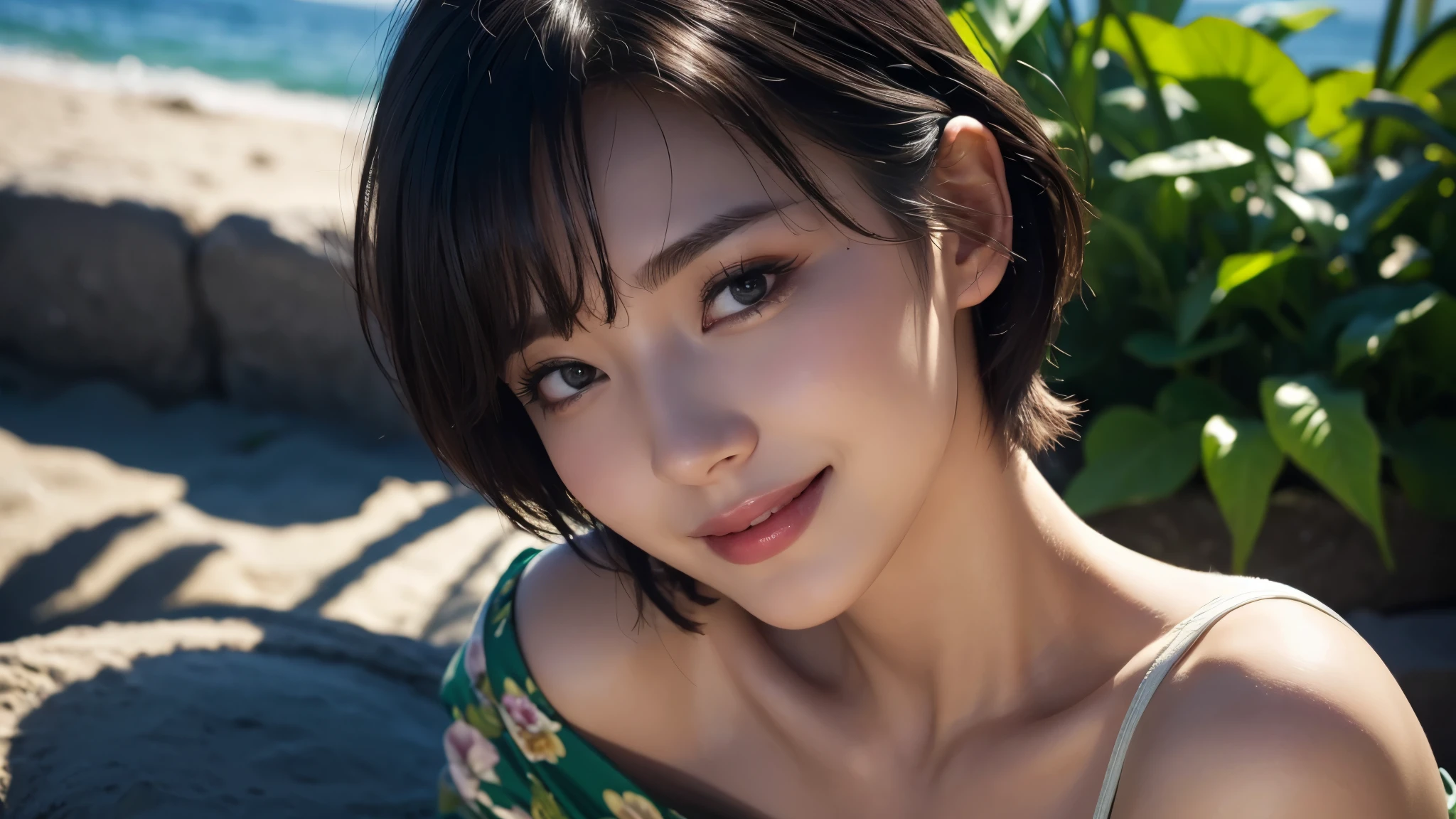 ((((top-quality))))、(((Ultra Precision CG16K Wallpapers)))、(((masterpiece)))、(((ultra-detailliert)))、(((Ultra-extreme details)))、1Man Woman、a matural female、a 25yo woman、((Korean Face))、((extremely beautiful face))、((K-pop idol、HAERIN:1.5))、((Straight Bob Hair:1.3))、(shinny hair)、Bangs up to the eyebrows、Beautiful brown hair、Beautiful delicate eyes、Brown eyes、raised eyebrows、lofty nose、small nostrils、Small mouth、seductive lips、slightly open mouth、Beautiful breasts、C-cup size breasts、cleavage of the breast、Plump body、perfectly proportions、perfect anatomia、perfect-composition、beautiful detailed shading、Beautiful natural lighting、Beautiful detail glow、depth of fields、(((a high chroma)))、(((realisitic:1.9)))、((Vivid:1.4))、((Beautiful skin))、((Skin texture))、((Realistic skin feeling))、(((up close shot:1.5)))、((Frontal angle:1.5))、((a smile:1.3))、(Eyes looking at me)、Bright sunshine、(((standing on a mountain top:1.5)))、(Blur the background)、(((Pink lace bikini bra clothes:1.6)))、((Choker wearing))、