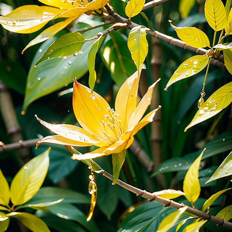 Golden bamboo, leaves and flowers with water droplets on them, with exquisite details. The background is colorful. It has an anime style, a fantasy art style, oil painting effects, and watercolor strokes. In the closeup view of the golden curved cane, it exudes an elegant atmosphere. There is a little bit of sparkling light between the branches and leaves, in the style of fantasy art. --ar 2:3