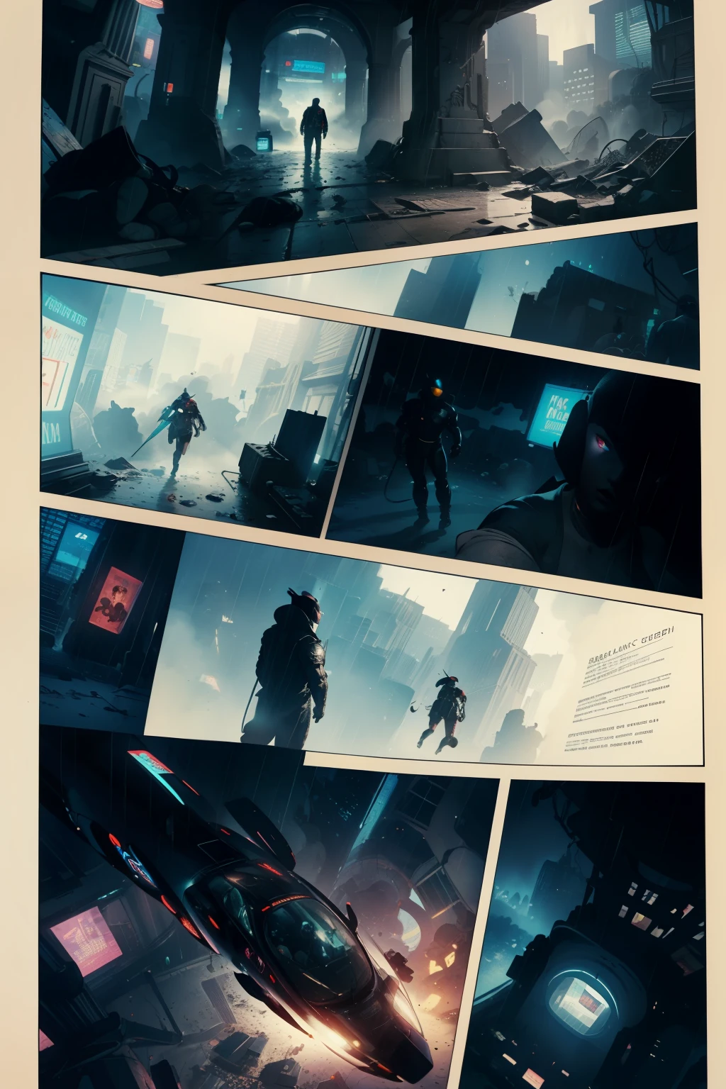 ((highest quality)), ((masterpiece)), (be familiar with), (High definition), (Accurate), (Realistic), (Cinematic), (Best Shadow), (Low contrast), (8K), Perfect Face, ((SYD MEAD style)), manga、mangaデザイン、Storyboard、Panel layout、(Sleeping Woman), (Replicant), (Replicant), ((Black Hair, very short hair, Blue Eyes)), (Black hooded raincoat), (Crouched in a corner of the ruins)、Glittering neon signs、congestion, congestion, Decadent Future City, NEO TOKYO, A.D.2051, (steam:1.2), It's raining white, evening, 