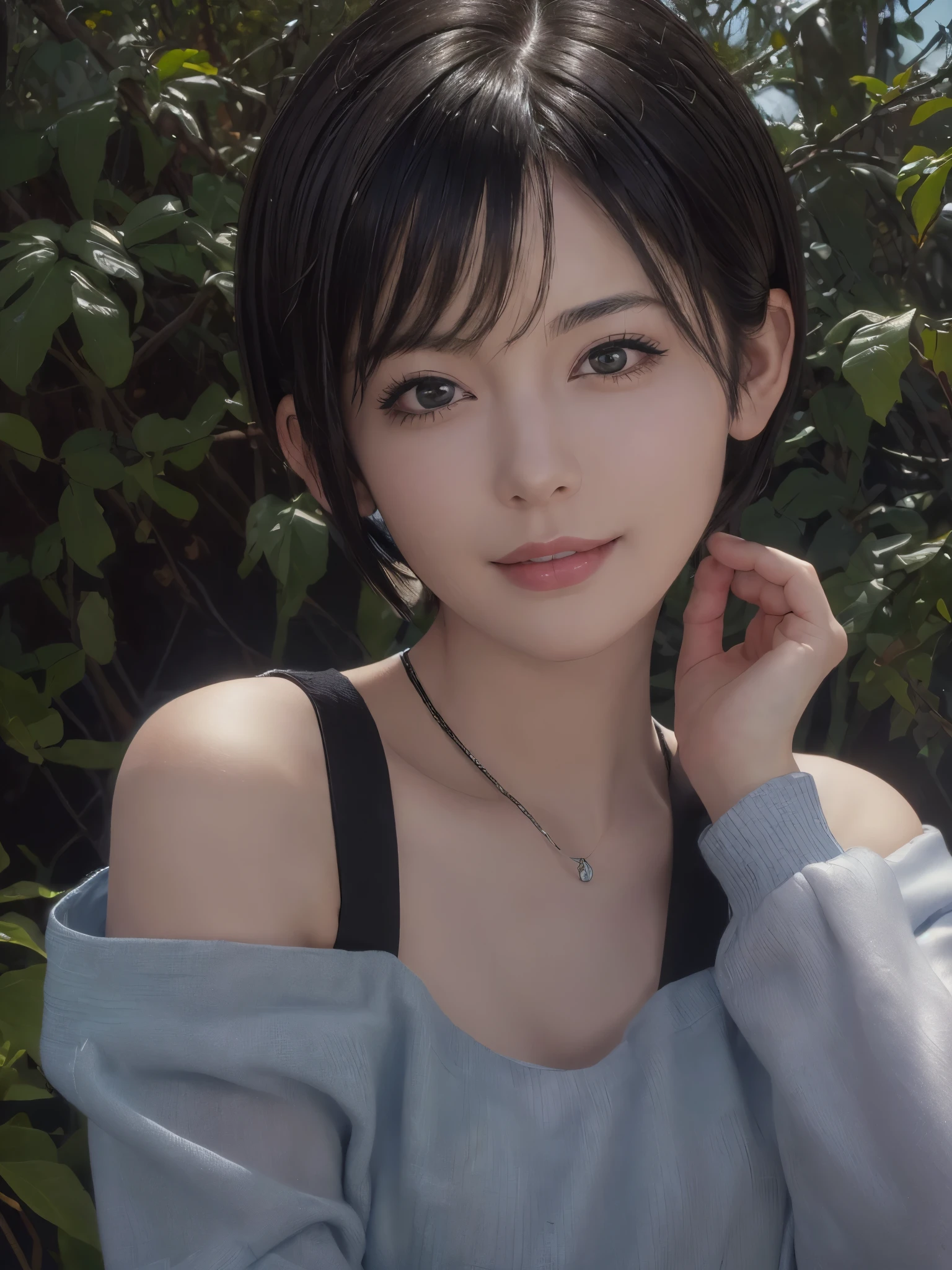 (masterpiece:1.3), (8k, Realistic, RAW Photos, highest quality: 1.4), (One girl), Beautiful Face, (Realistic Face), (Black Hair, short hair:1.3), Beautiful hairstyle pixie cut smile