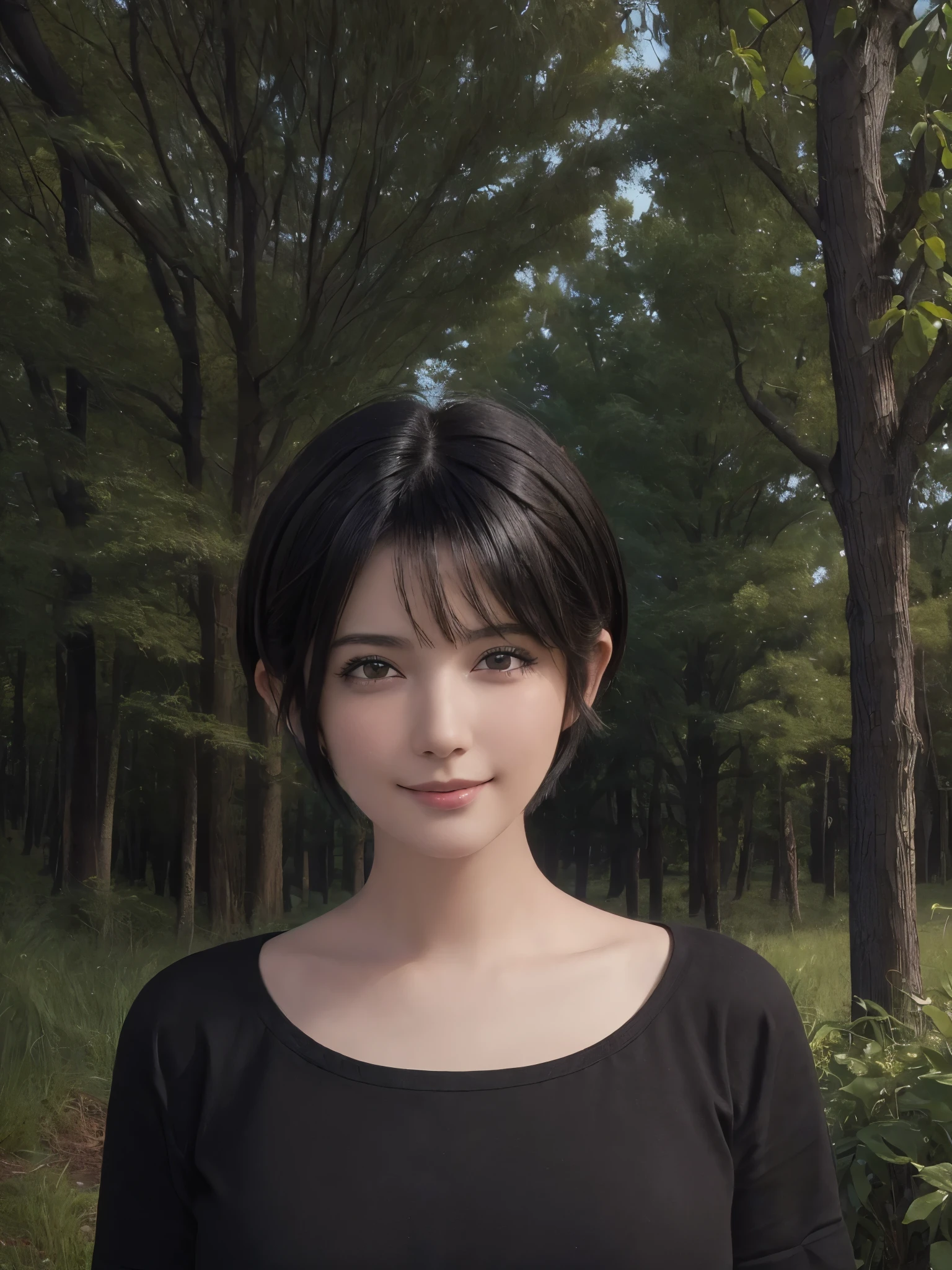 (masterpiece:1.3), (8k, Realistic, RAW Photos, highest quality: 1.4), (One girl), Beautiful Face, (Realistic Face), (Black Hair, short hair:1.3), Beautiful hairstyle pixie cut smile