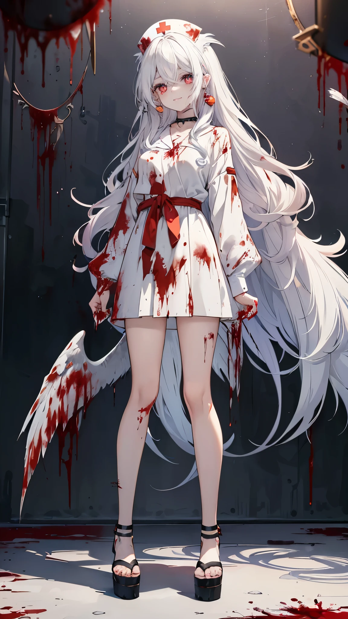 (table top, highest quality, sharp focus:1.35), (full body:1.3),(((cowboy shot, atmospheric perspective))), 1 girl, (long wavy white hair:1.3), (slanted red eyes, long eyelashes, lips, Bloody face, yandere:1.3), (earrings, choker:1.1), (Bloody nurse clothes:1.25), (scenery, Spooky hospital room, Blood everywhere, inner strength:1.2) addition_detailed:0.5, addition_detailed:1, addition_detailed:1, addition_detailed:0, addition_detailed:2, Ink anime, Retro art style, neon_Pop art style, art style, Pastor 1, Ghost, zombie, killer, killer, (((Blood))), (((((Blood everywhere))))), ((deceased)), horror, Yandere Sky Eyes Shadow Face Mad Eyes Glowing Eyes Mad Smile Dark, ((((Dekiai)))), colorful mix, colorful hair, wavy hair, korean webtoon girl, Big eyes, Shadow lipstick, cute face, oval face, (nffsw), (cute, cute, anime, pastel), (pastel color, detaileded hairs, soft colors:1.22), (((harpy, bird feathers, bird's feet, bird tail, foot nail))), pastel color, cute, cute, colorful, colored eyelashes, white eyelashes