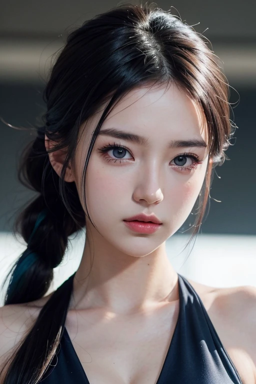 master piece,highest quality,High resolution,8K,(sports late),(Avatar close up),(RAW photo),real photos,digital photography,(female president),( Female Professionals),20 year old girl,random hairstyles,Red eyes and blue gradient hair),serious and persistent,cleavage, accessories,please keep your mouth shut,elegant and attractive,serious and arrogant,calm and handsome,(white woman&#39;business wear),photo pose,realistic style,gray world background,oc rendering reflection texture
