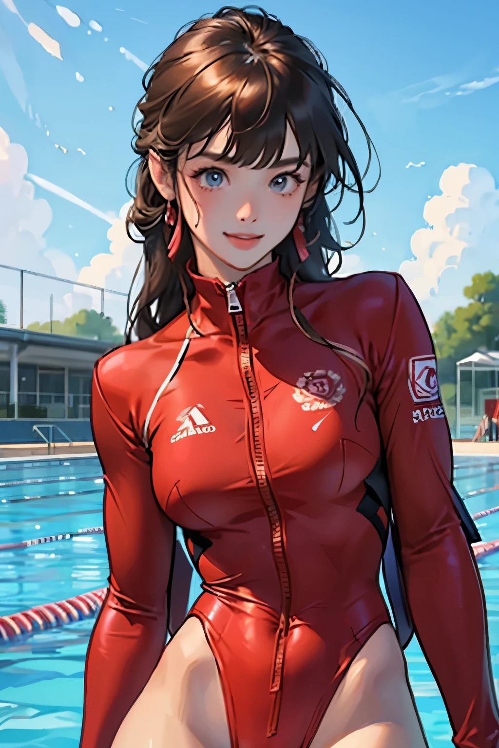 masterpiece、highest quality、High resolution、Two realistic girls、Competitive swimmer、Close-up of a person、Wearing a red bodysuit、During Competitive swimmerics competitions、smile、Swimming Venues、Sexy competitive swimsuit