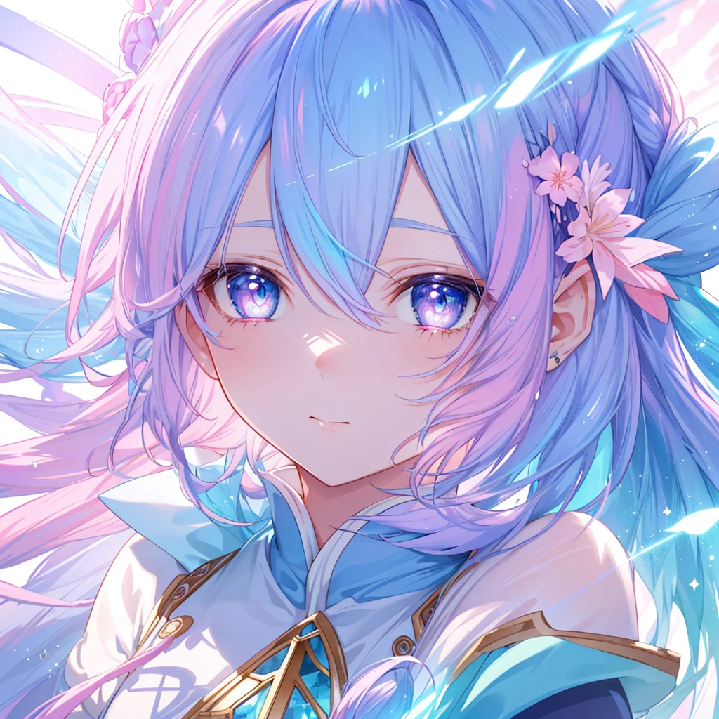 Close-up of face、Beautiful pink and blue and white haired girl, Fantasy magic (tmasterpiece: 1.2), (Best quality at best), 4K, ultra - detailed, (dynamic combination: 1.4), The content is very detailed, Colorful details, (Irridescent color: 1.2), (Bright lights, ambientlighting), like a dream, magical, (Alone: 1.2)