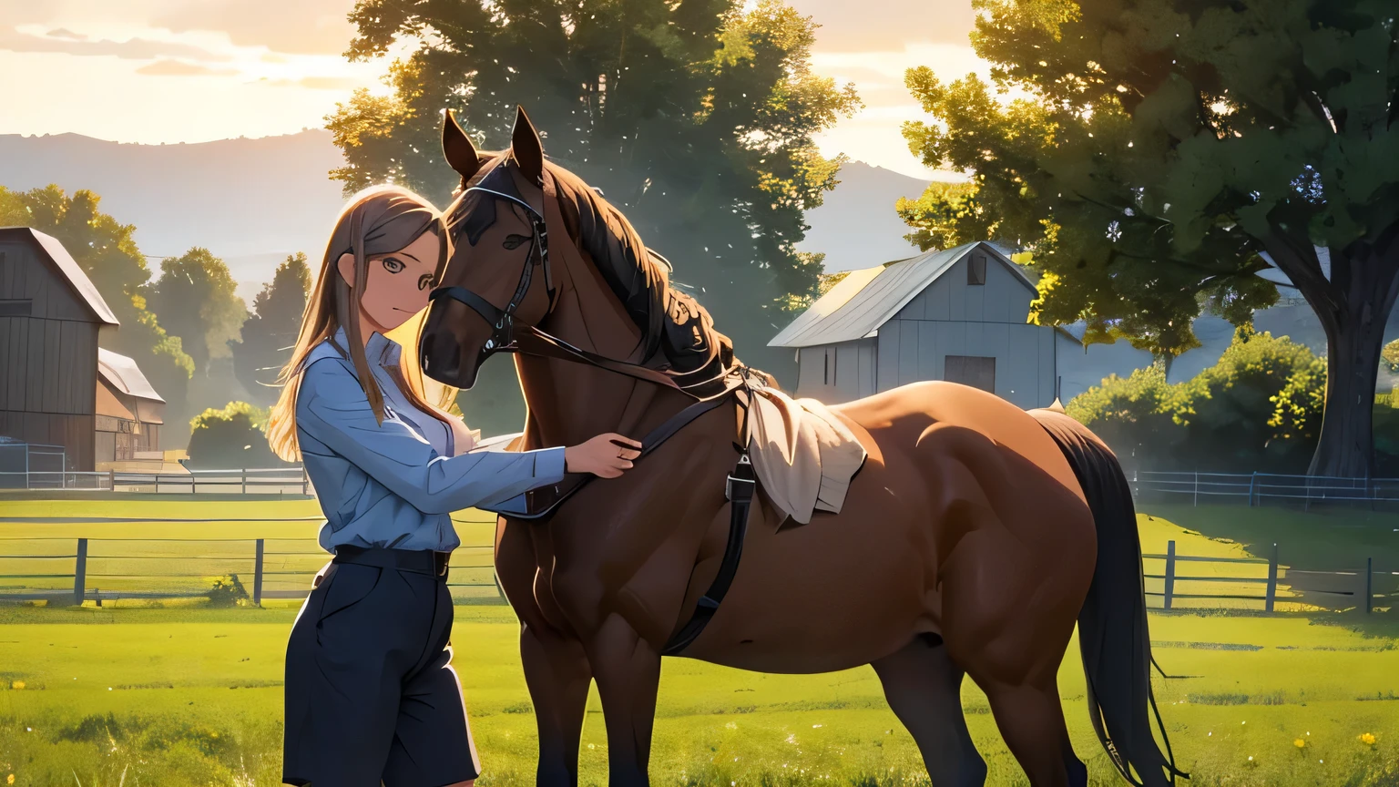on the farm,evening,girl and a horse,Girl in work clothes stroking horse's fur,rural clothing,Medium Portrait