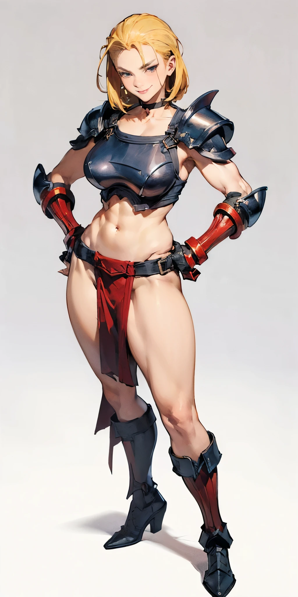 ((Plain background 1:2)) (Cammy White Street Fighter 6) Female full body standing straight symmetrical, frontal position, looking at viewer, (breastplate, choker, bracers, handcuffs, shackles, rerebrace, armored, high boots bootstraps, shoulder armor, faulds, poleyn, gloves, gauntlets), lustful smirking smile face red blushed red cheeks, (hands (clenching) on hips) FEET TOGETHER, loincloth