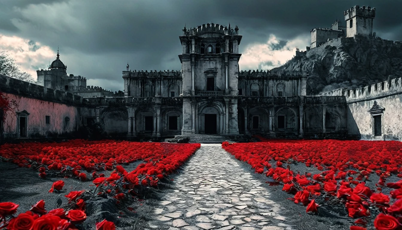 castelo of bloody roses,rosas vermelhas,old tree,sinistro por Greg Rutkowski,pintura fosca detalhada,Hyper-detailed charcoal drawing,(melhor qualidade,4K,8k,high resolution,obra de arte:1.2),ultra-detalhado,(realista,photorealista,photo-realista:1.37),HDR,Ultra HD,studio lighting,Pintura ultrafina,sharp focus,physically based rendering,extreme detailed description,profissional,cores vivas,Bokeh,Horror,castelo,atmosfera misteriosa,vinhas espinhosas,arquitetura antiga,threatening sky,sombras escuras,beleza assustadora,gothic elements,Estrutura majestosa,ominous presence,jardim encantado,pingando sangue,petals dipped in crimson,AMBIENTE TRISTE,figuras sinistras,gritos distantes,segredos obscuros,barren branches,mystic energy,Noite de lua cheia,atmosfera assombrada,Danger lurking,paredes manchadas de sangue,macabre elegance,Beleza retorcida,simbolismo hipnotizante,crumbling stones,Forgotten history,ventos sussurrantes,nostalgic charm,textura robusta,moody lighting,ethereal aura,mysterious fascination,floresta encantada,romance proibido Cinematic film still, shot on v-raptor XL, film grain, vignette, color graded, post-processed, cinematic lighting, 35mm film, live-action, best quality, atmospheric, a masterpiece, epic, stunning, dramatic