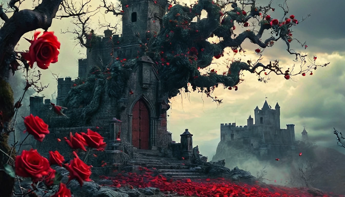 castelo of bloody roses,rosas vermelhas,old tree,sinistro por Greg Rutkowski,pintura fosca detalhada,Hyper-detailed charcoal drawing,(melhor qualidade,4K,8k,high resolution,obra de arte:1.2),ultra-detalhado,(realista,photorealista,photo-realista:1.37),HDR,Ultra HD,studio lighting,Pintura ultrafina,sharp focus,physically based rendering,extreme detailed description,profissional,cores vivas,Bokeh,Horror,castelo,atmosfera misteriosa,vinhas espinhosas,arquitetura antiga,threatening sky,sombras escuras,beleza assustadora,gothic elements,Estrutura majestosa,ominous presence,jardim encantado,pingando sangue,petals dipped in crimson,AMBIENTE TRISTE,figuras sinistras,gritos distantes,segredos obscuros,barren branches,mystic energy,Noite de lua cheia,atmosfera assombrada,Danger lurking,paredes manchadas de sangue,macabre elegance,Beleza retorcida,simbolismo hipnotizante,crumbling stones,Forgotten history,ventos sussurrantes,nostalgic charm,textura robusta,moody lighting,ethereal aura,mysterious fascination,floresta encantada,romance proibido Cinematic film still, shot on v-raptor XL, film grain, vignette, color graded, post-processed, cinematic lighting, 35mm film, live-action, best quality, atmospheric, a masterpiece, epic, stunning, dramatic