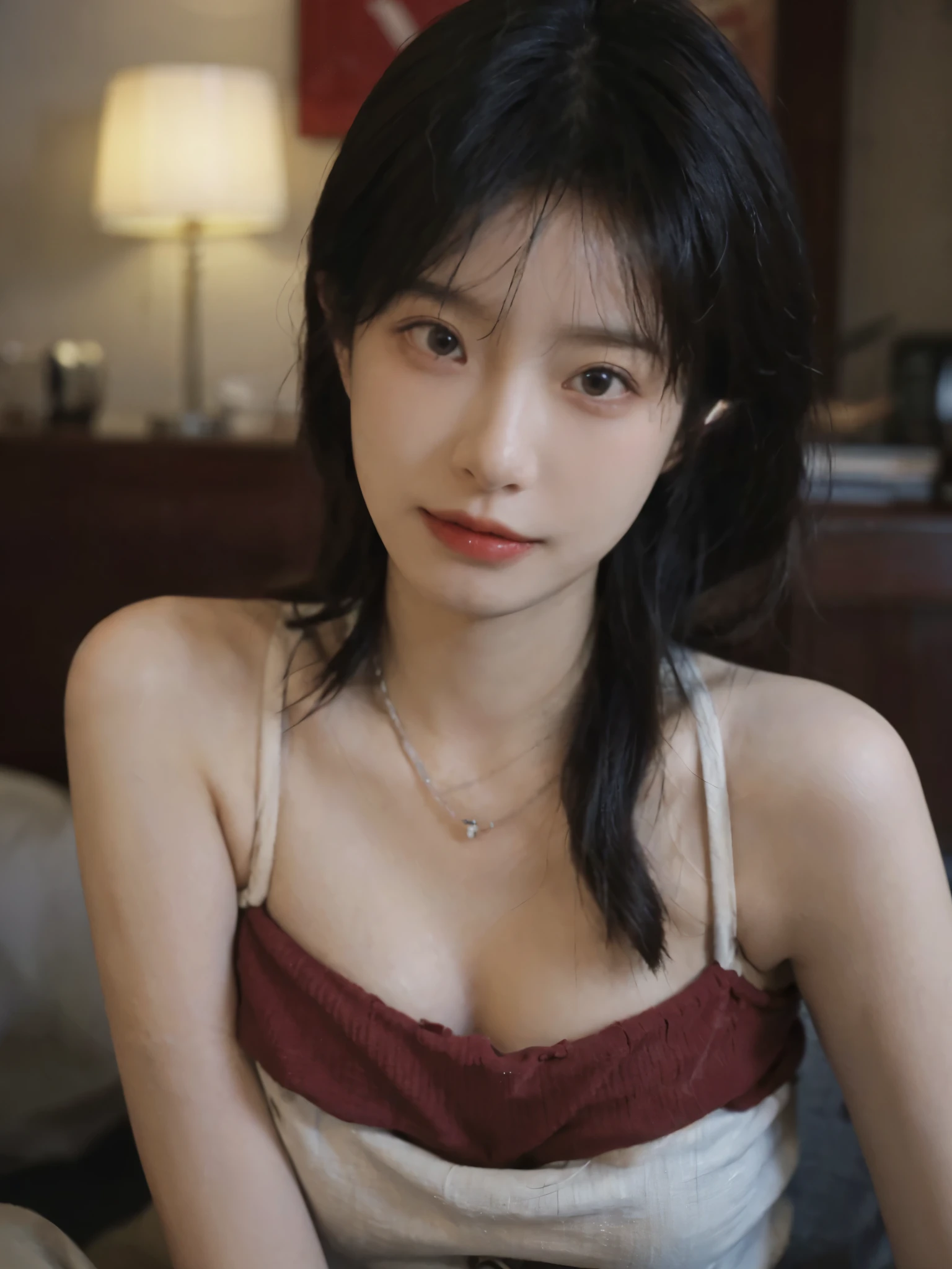 Film portrait photography, 2 girls, Bare shoulders,Lipstick,(flat chest:1.4), Wear a necklace,Cute expression,Exquisite makeup,Red suspenders,serene, calm, (Realistic and detailed eyes, Natural skin texture, Realistic facial details), Big breasts:1.6,Big Breasts,Soft dramatic lighting, Depth of Field, Bokeh, Vibrant details, Detailed and detailed, Surreal, 35mm film, hazy, ,