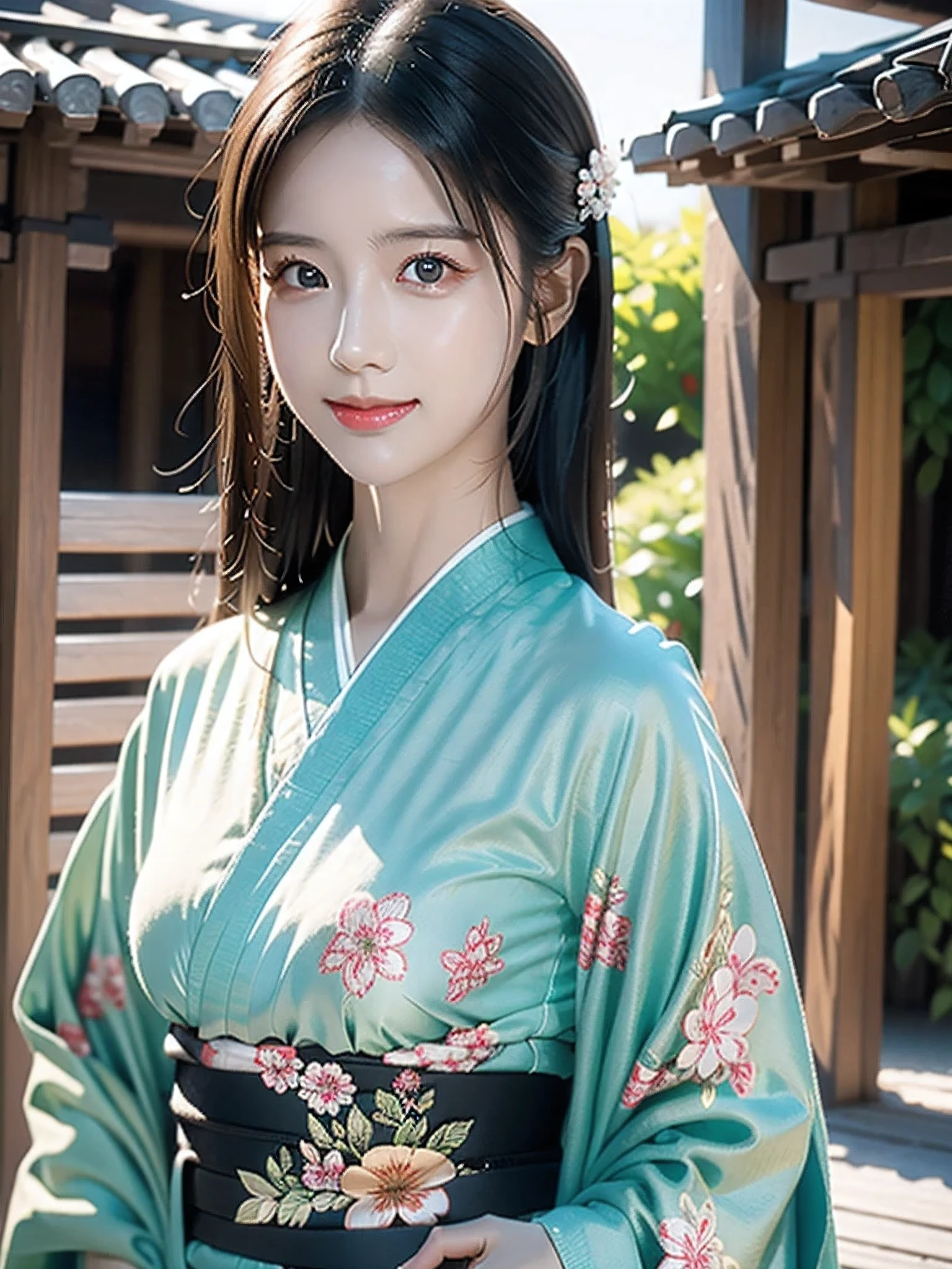 best quality, masterpiece, ultra high res, (photorealistic:1.4), RAW photo , yukata, full body, Kyoto, light smile, head tilt, hand on own cheek