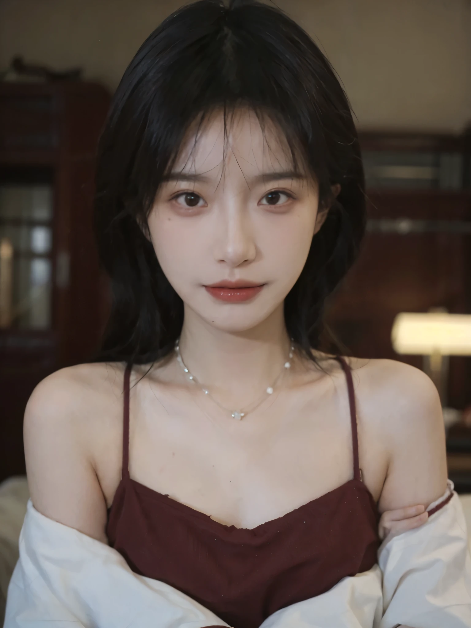Film portrait photography, 2 girls, Bare shoulders,Lipstick,(flat chest:1.4), Wear a necklace,Cute expression,Exquisite makeup,Red suspenders,serene, calm, (Realistic and detailed eyes, Natural skin texture, Realistic facial details), Big breasts:1.6,Big Breasts,Soft dramatic lighting, Depth of Field, Bokeh, Vibrant details, Detailed and detailed, Surreal, 35mm film, hazy, ,