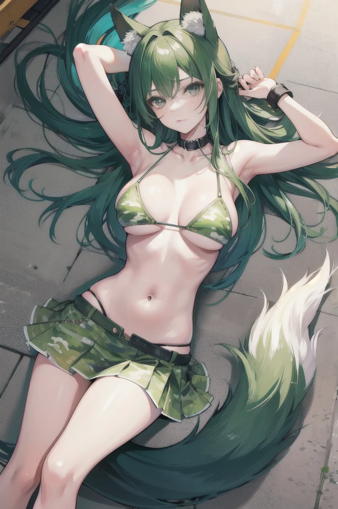 high quality, masterpiece, Ultra Detailed, 1 girl,handcuffs，collar，Fox ears, Girl in white OK and tight denim skirt posing for photo, whole body,Large Breasts , OK, slim, Extremely detailed facial details, green camo bikini，牛仔短裤slim的女孩模特, 24-year-old female model, Lying on a construction site, 