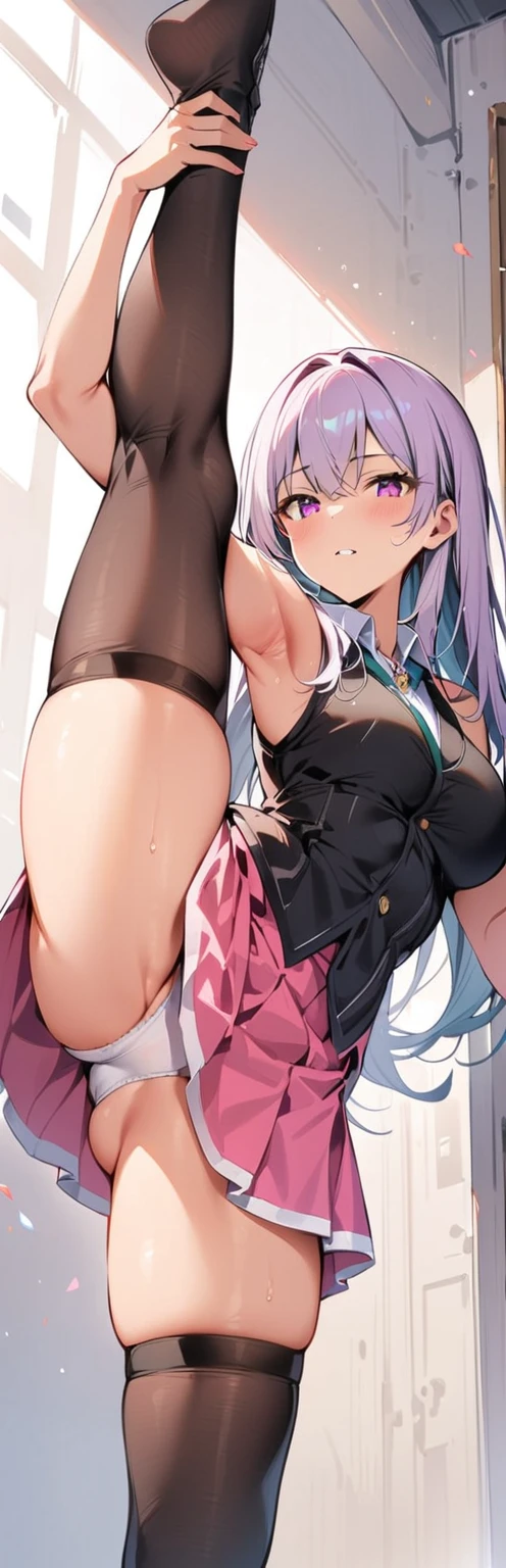 (masterpiece, highest quality:1.2), 1 girl, alone,Are standing_Split,
, long hair,black sleeveless short vest,pink skirt,black