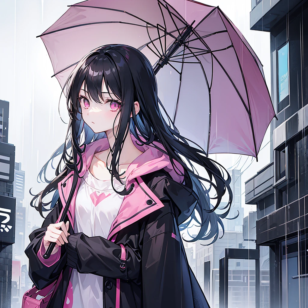 Main Subject: 1 girl only, mature, moderately sized chest, long black hair, slim face, pink eyes, normal clothes, black coat, umbrella, charming, cute face, cute look. Subject Position: standing, looking at camera, holding an umbrella. Setting: modern city, morning sky, bright sky, raining, raindrops. High contrast, sharp light, clear image.