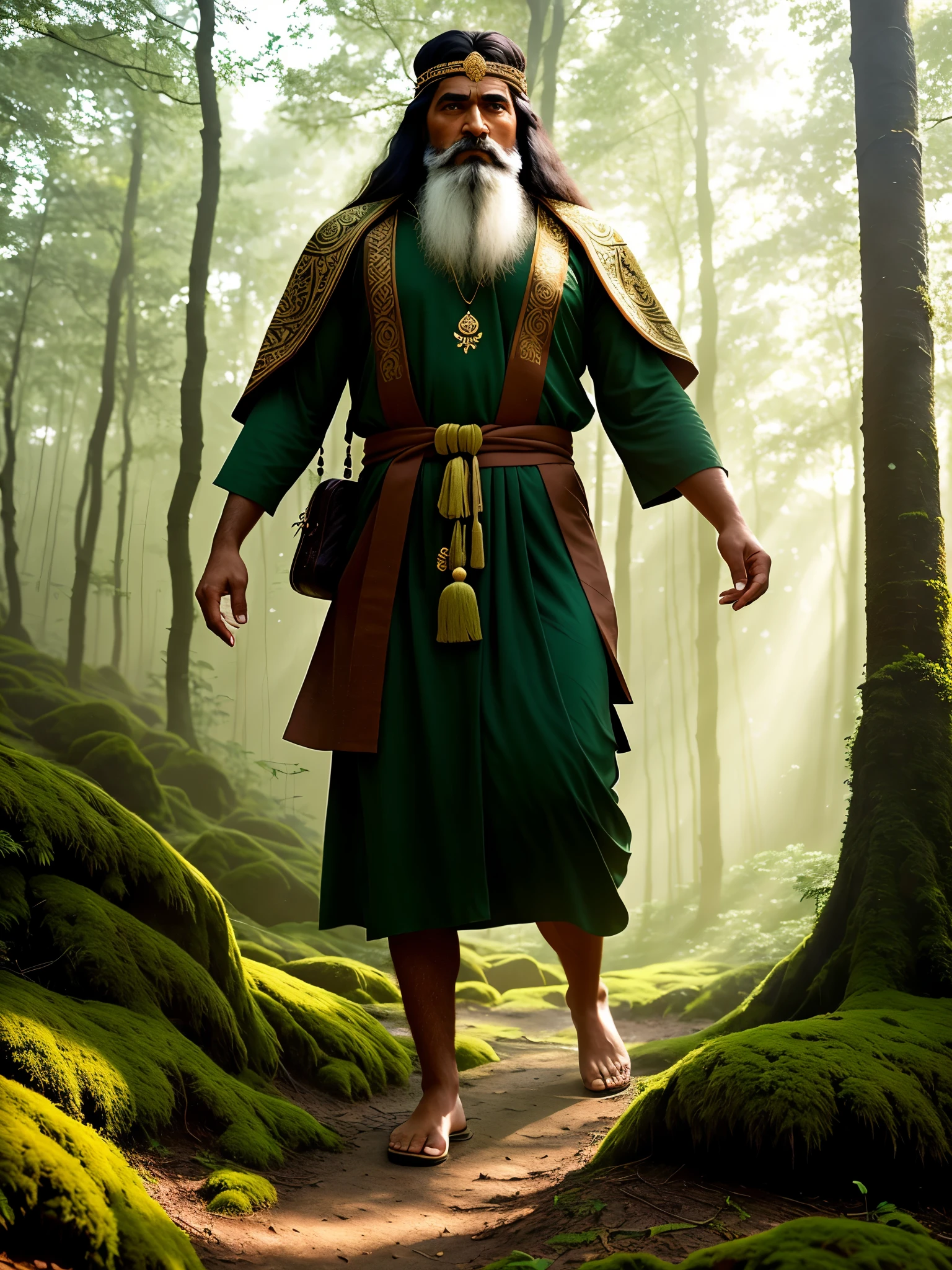 (highest quality,4K,8k,High resolution,masterpiece:1.2),Very detailed,Physically Based Rendering,Professional,Strong Druid,Bearded Indian man,Wearing a large golden crown,Wrinkled face,Powerful muscles,joint hands,Wise Eye,Dark blue robe,Carrying a walking stick,Magic Runes,背景に古代のwood,Misty Forest,wood々Soft sunlight shining through,Enchanting atmosphere,Faraway mythical creatures,moss-covered stone,Calm and quiet,Earthy color palette,Subtle green and brown hues,Quiet and mysterious lighting,A harmony of warmth and cold,hinduism, Hindu Style, Indian Style