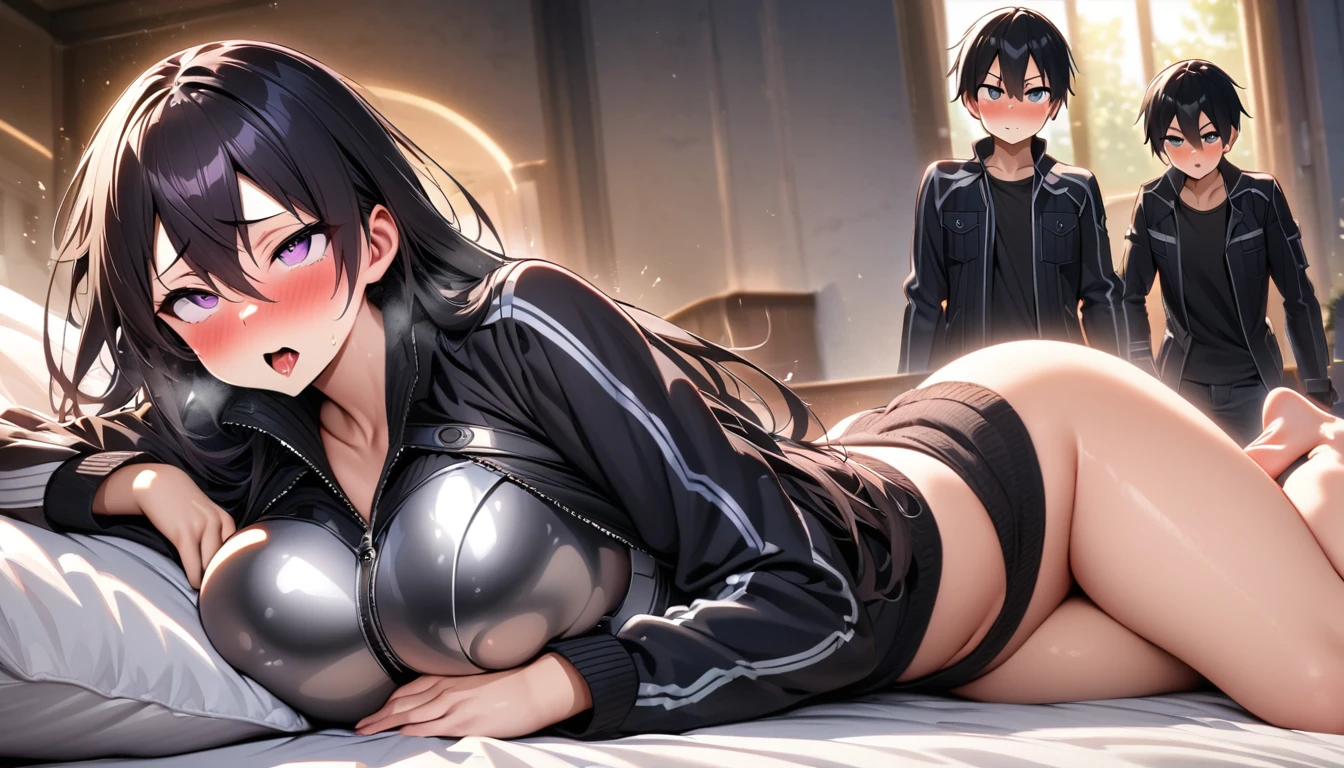 Kirito, Gun Gale Online Black Swordsman Costume Overthrow Jacket Black Shirt Breastplate, blush, large breastst Breast expansion A person with purple eyes and long hair is lying on the bed with his feet spread ahegao illustration, ultra-detailed, HDR, vibrant colors, soft lighting. full-body shot