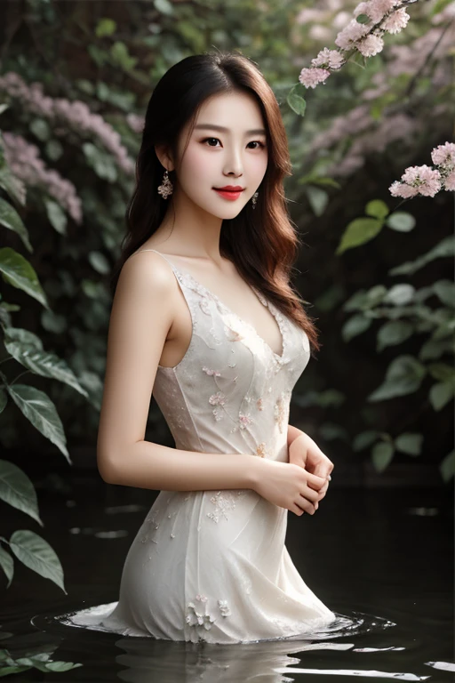 (best quality,4k,8k,highres,masterpiece:1.2),ultra-detailed,realistic,photorealistic:1.37,nude,Chinese adult woman,exquisite facial features,graceful appearance,well-defined lips and eyes,smooth and flawless skin,shapely figure,subtle curves,airy and elegant,gentle body language,feminine charm,harmonious composition,soft lighting,colorful yet subtle palette,traditional Chinese ink painting effect,delicate brushstrokes,graceful posture,dreamy atmosphere,serene garden background,subtle background details,subtle reflection in water,faint scent of flowers,breeze gently rustling leaves.