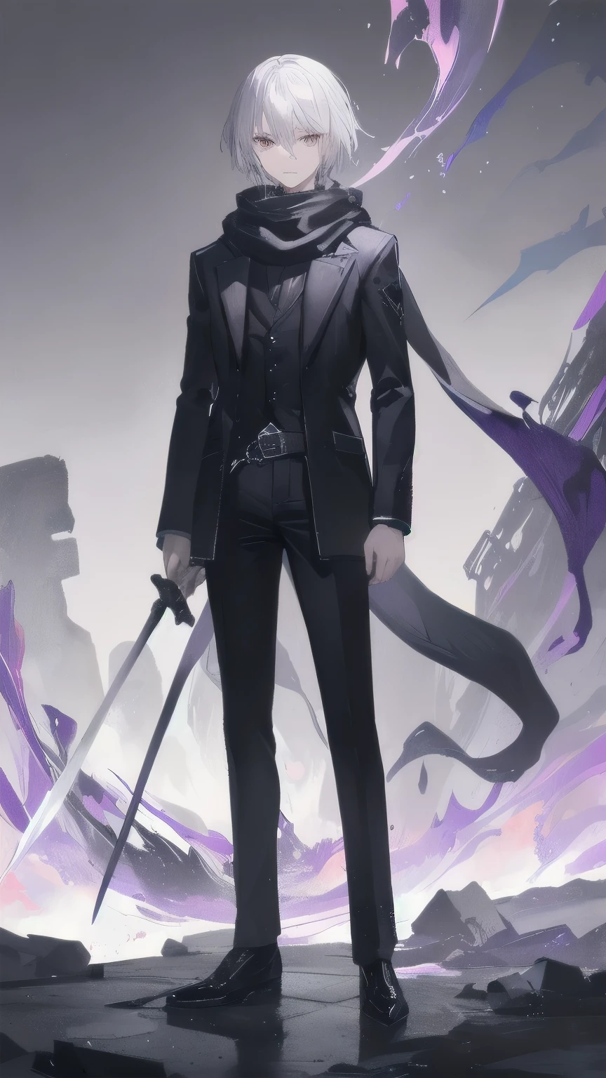 Man with silver hair, look handsome, white adventure cloth torn, black scarf, long black pants, purple eyes, standing alone in a dark, purple aura, holding a 2 sword in hands, badass.