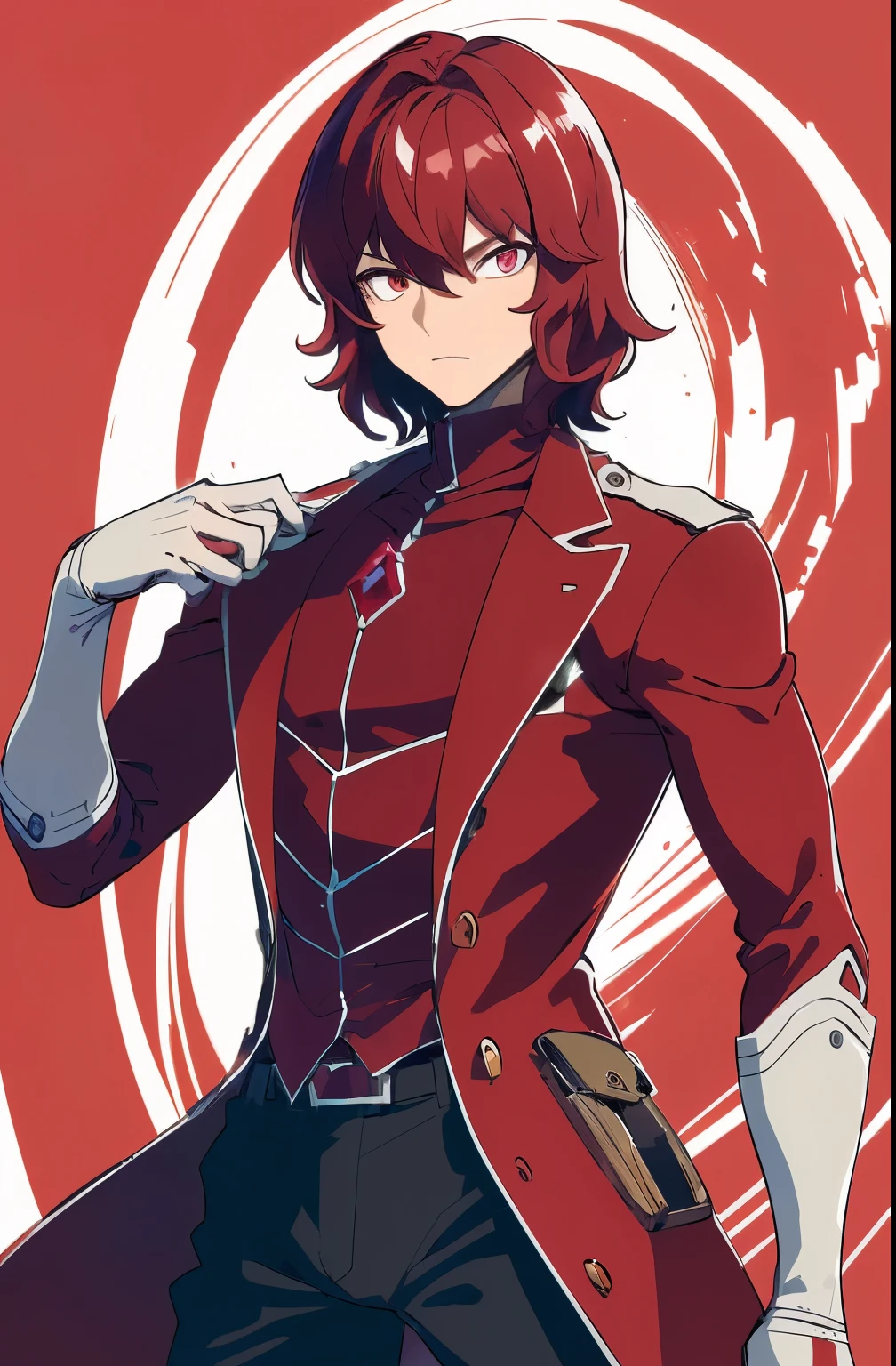 ultra detailed, masterpiece, best quality, solo, cowboy shot, facing viewer, boy, ((really shiny wavy short ruby color hair)), wearing a mechanical suit beneath a trenchcoat, light armor, ruby eyes, pensative expression, receptive, using a device on his arm that emits a red light, (((MALE)))