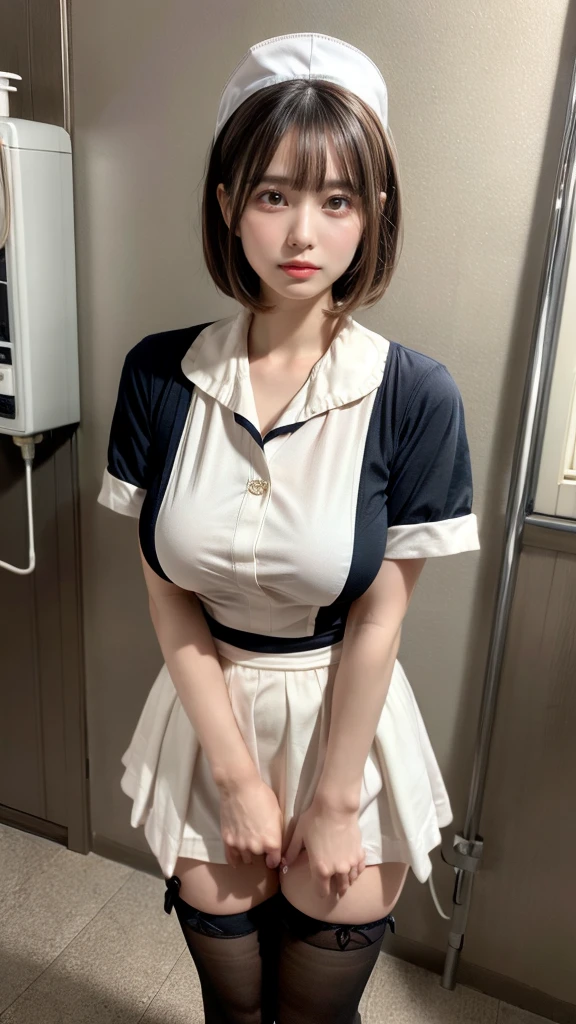 muste piece, best quality, illustration, Super detailed, fine details, High resolution, 8K,wall paper, perfect dynamic composition,(Details High quality, realistic depiction of eyes:1.3), Hospital Rooms、White nurse cap、White tights、White nurse uniform、to stand、Hand skirt、Flipping up a white skirt, large breasts,short bob hair, black hair color, Big Natural Color Lip, bold sexy pose, crying a little, Harajuku style、30 year old girl、cute type、lolita、beautiful legs, hposing Gravure Idol
