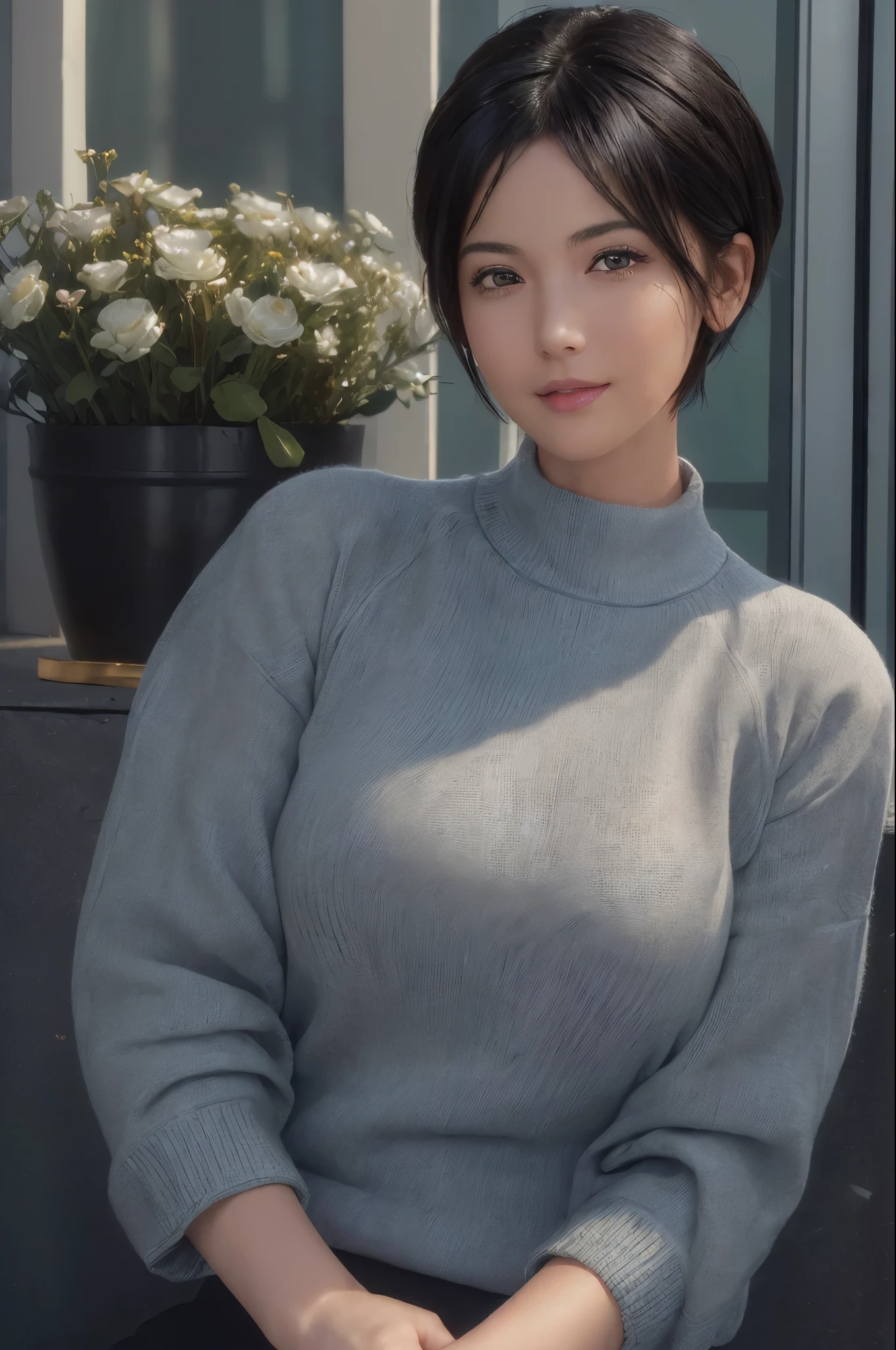(masterpiece:1.3), (8k, Realistic, RAW Photos, highest quality: 1.4), (One girl), Beautiful Face, (Realistic Face), (Black Hair, short hair:1.3), Beautiful hairstyle, Realistic eyes, Beautiful fine details, (Realistic Skin), Beautiful Skin, (sweater), Absurd, Charm, Ultra-high resolution, Ultra-realistic, Very detailed, Golden Ratio. Pixie cut smile
