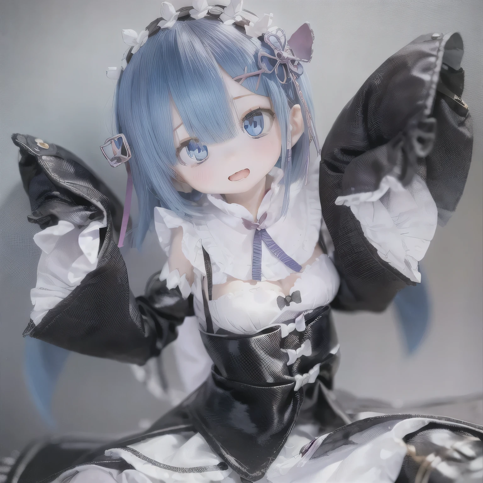 A five-year-old girl named Rem, it is (((((((baby))))))) style, Have beautiful and delicate eyes, lips, And the face. Artwork must be of the highest quality, Sharp focus and ultra-detailed rendering. The color palette should be vibrant and vivid.  The medium must be illustration or digital painting. For more information, look、Also includes Rem in a cute dress, And with a look of joy.(((Sexy pose )))Blue hair, cute pose, flat chest(((((bow)))))stand