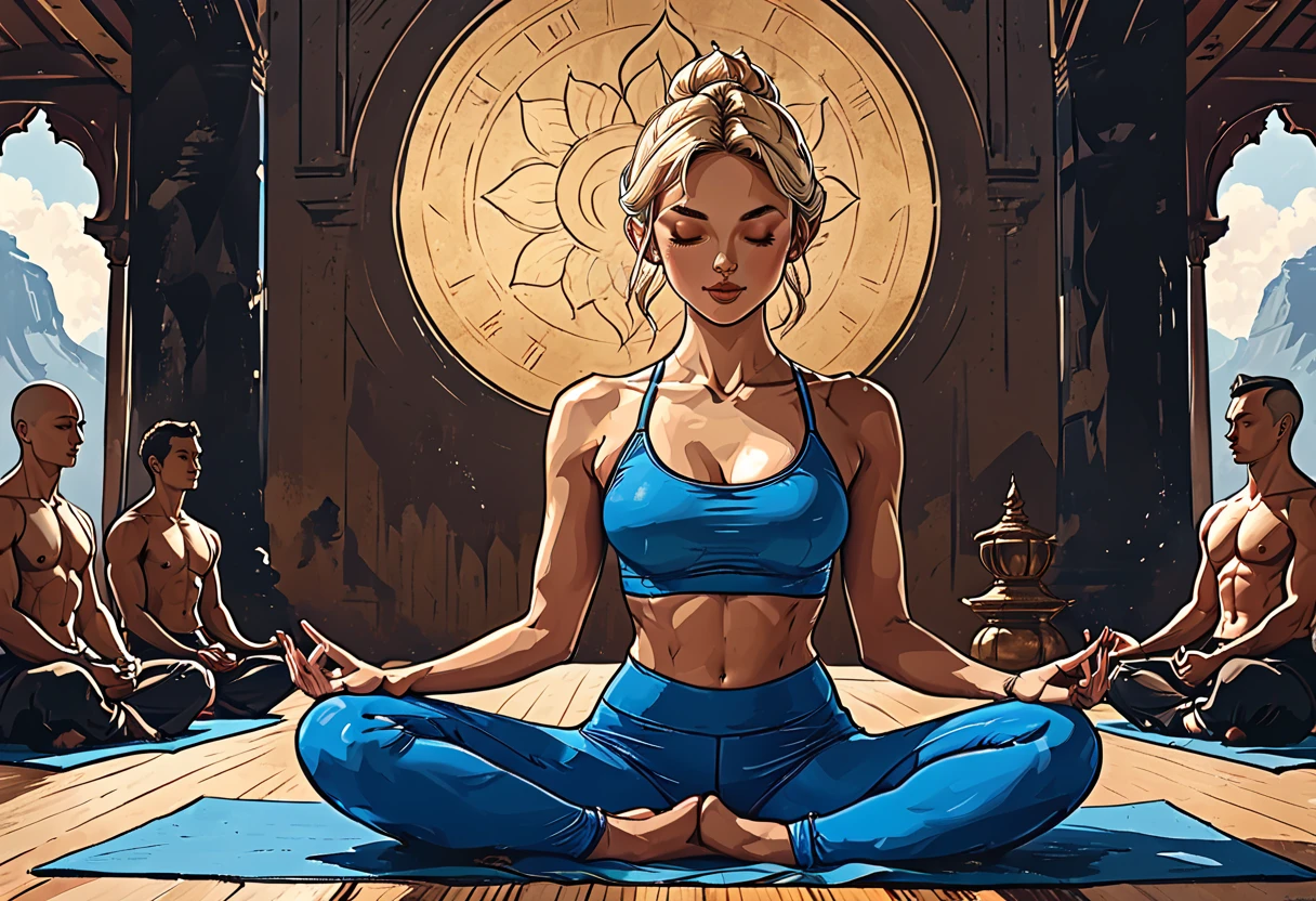 (closed eyes) girl sits in the lotus position in a Buddhist temple against the backdrop of manahs sitting in the lotus position, girl in a blue leggings and blue Half top wrestler, adult, [Nordic], Hourglass elongated fitness body, perfect Olive skin, Oval Face, Long neck, Rounded shoulders, perfect hand,  Attached Pointed ears, round forehead, Short blonde Waves pixie hair, snub nose, Arched eyebrows, closed Monolid blue Eyes, High Round Narrow cheekbones, Dimpled Cheeks, Rounded Chin, Rounded Jawline, Fine Puppet Wrinkles, Full nude Lips, (closed blue eyes), Nude Makeup Look, long eyelashes, Hourglass-shaped hips, Slim thighs, long slim fitness legs, third breast size, Linear Hourglass-shaped abs,  graphic style of novel comics, perfect hands, 2d, closed eyes, 
dark outlines of monks sitting in the lotus position on the background,
8k, hyperrealism, masterpiece, high resolution, best quality, ultra-detailed, super realistic, Hyperrealistic art, high-quality, ultra high res, highest detailed, lot of details, Extremely high-resolution details, incredibly lifelike, colourful, soft cinematic light,
