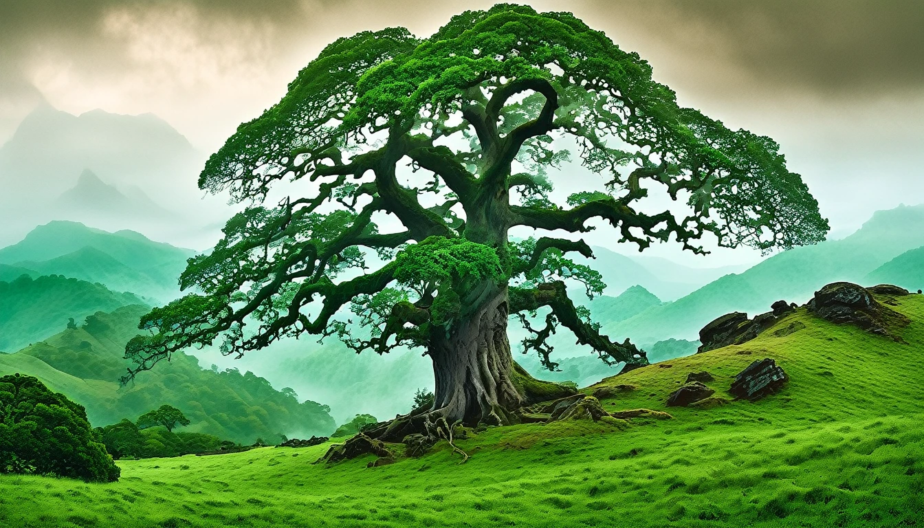 An ancient, towering oak tree stands majestically on a hill, its gnarled branches reaching towards the sky. In the background, ominous dark mountains loom in the distance, their peaks veiled in mist. This picturesque scene is captured in a vivid painting, each detail meticulously rendered in lush shades of green and brown.