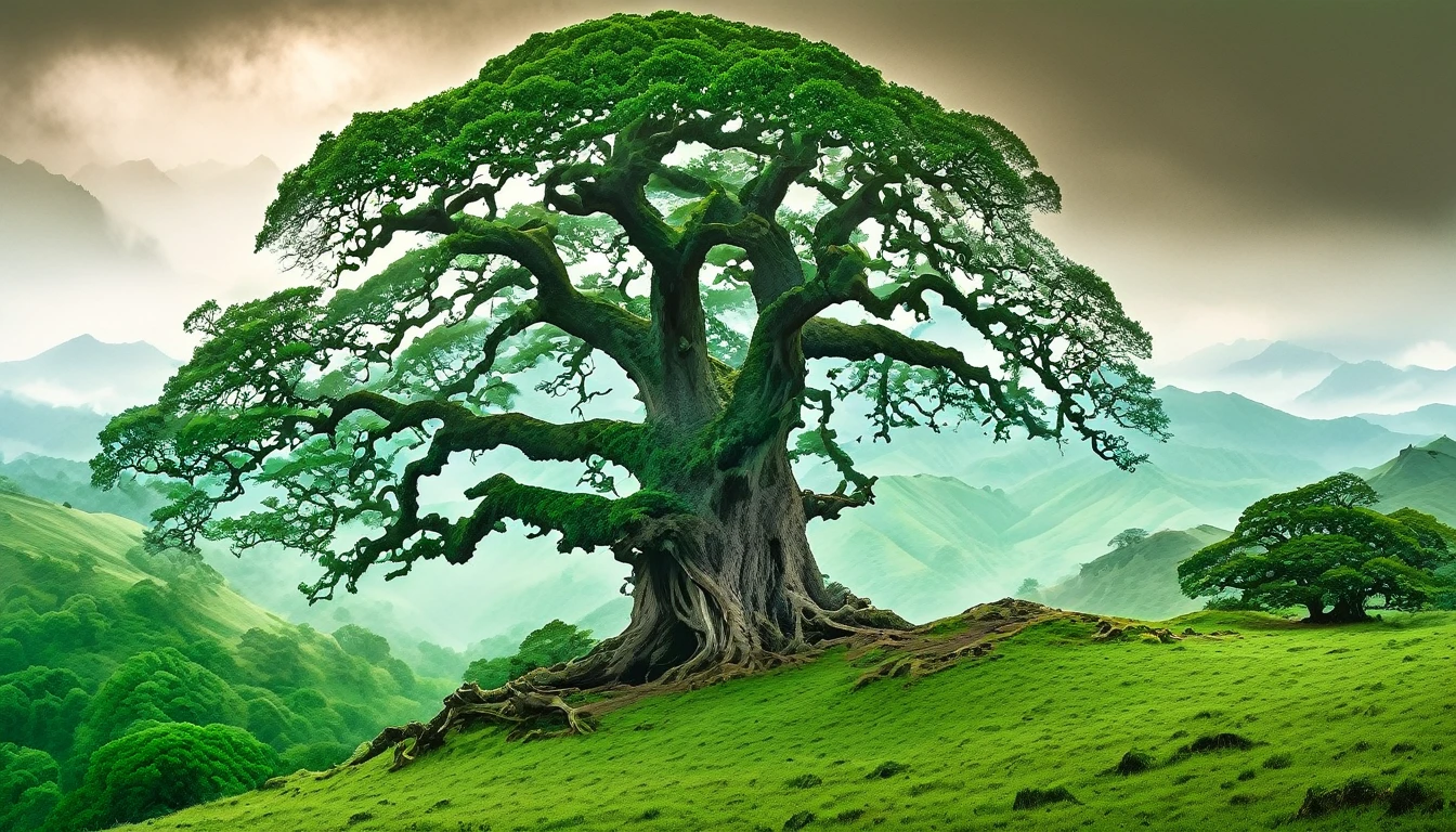 An ancient, towering oak tree stands majestically on a hill, its gnarled branches reaching towards the sky. In the background, ominous dark mountains loom in the distance, their peaks veiled in mist. This picturesque scene is captured in a vivid painting, each detail meticulously rendered in lush shades of green and brown.