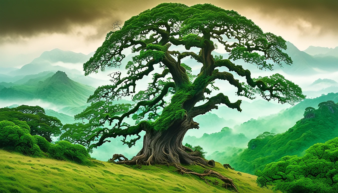 An ancient, towering oak tree stands majestically on a hill, its gnarled branches reaching towards the sky. In the background, ominous dark mountains loom in the distance, their peaks veiled in mist. This picturesque scene is captured in a vivid painting, each detail meticulously rendered in lush shades of green and brown.