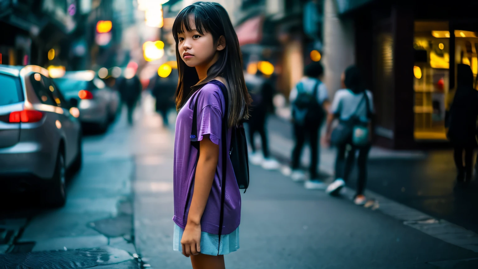 10 years old filipina girl walking on the street, cinematic style soft lighting glow effect, exposed cleveage, full body photo