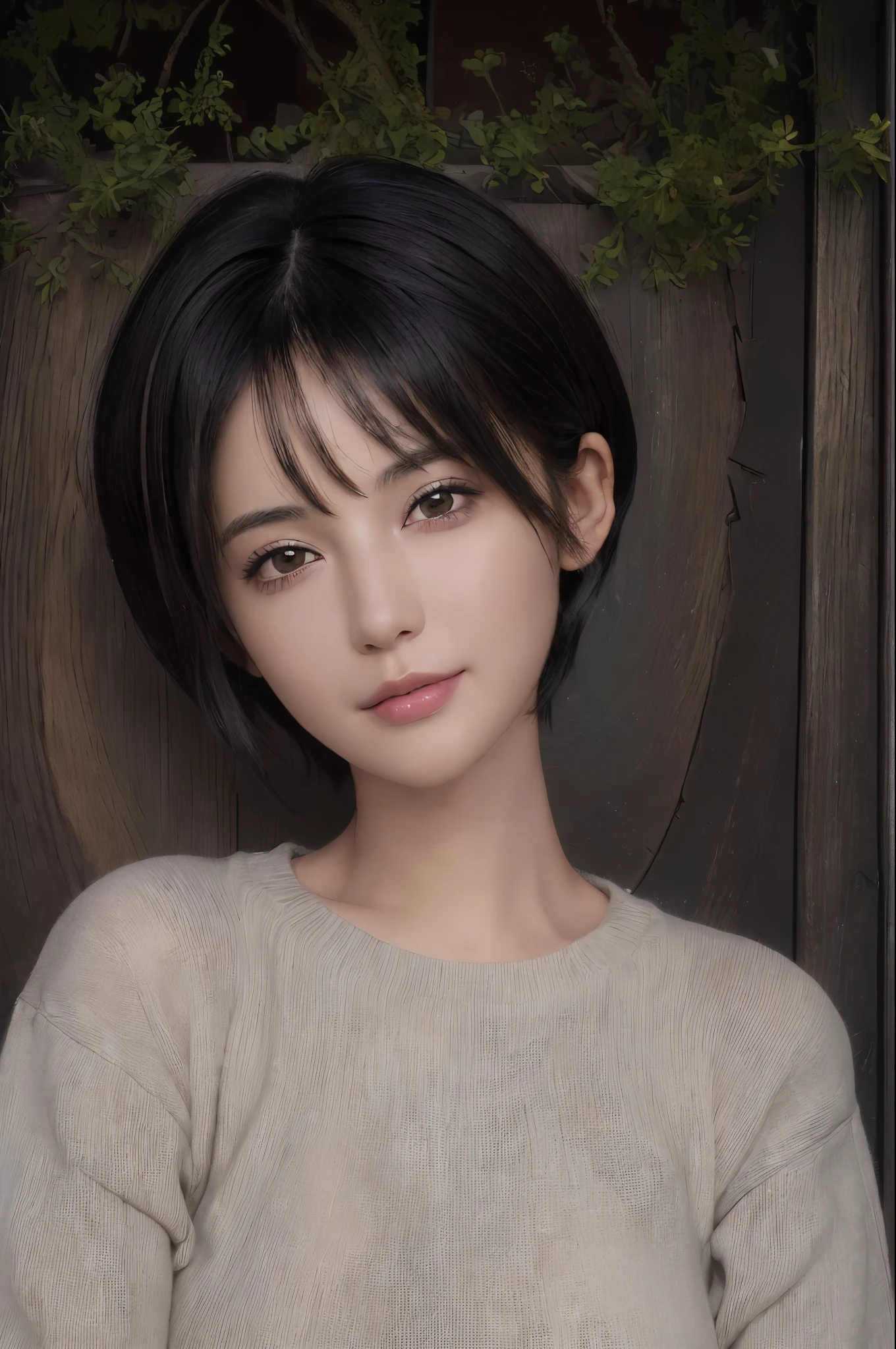 (masterpiece:1.3), (8k, Realistic, RAW Photos, highest quality: 1.4), (One girl), Beautiful Face, (Realistic Face), (Black Hair, short hair:1.3), Beautiful hairstyle, Realistic eyes, Beautiful fine details, (Realistic Skin), Beautiful Skin, (sweater), Absurd, Charm, Ultra-high resolution, Ultra-realistic, Very detailed, Golden Ratio. Pixie cut smile