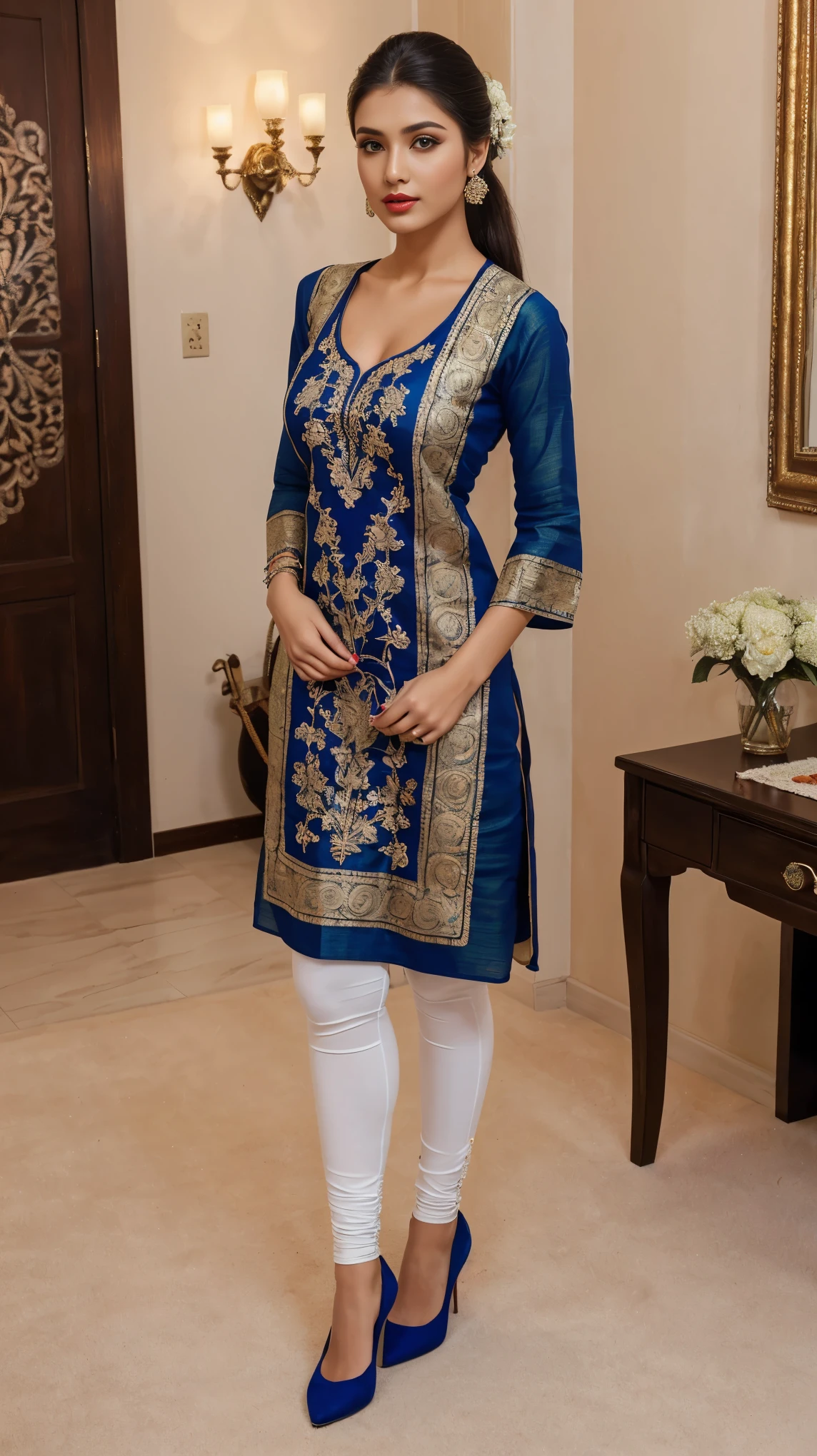 (girl in luxury office, beautiful office), 1girl, solo girl, 20 year old girl, ((full body shot:1.5)), (Masterpiece:1.5), (hyperrealistic, hyperdetailed), (looking at viewers), sharpen, ultra realistic face, detailed face, detailed eyes, detailed lips, red lips, beautiful face, 16k, FHD, raw photo, pretty face mesh, intricate, extremely detailed, ultra realistic texture, smooth skin, realistic face, glow lip, very_high_resolution, perfect figure, fit body, fancy ponytail hair style, fancy hair ornaments, (huge sagging breast, perky breasts, perfect rounded breasts, cleavage), (attractive body figure), (fancy high heel), ((embroidery fancy kurta), (embroidery kurta), embroidery luxury kurta, bodycon kurta, fancy kurta, skinny sleeves, (masterpiece kurta), (luxurious kurta), fancy leggings).