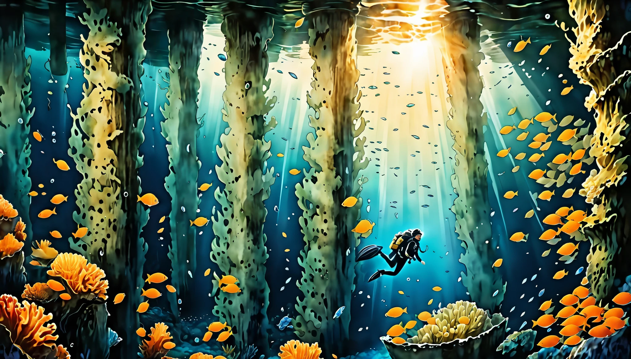 俯视角度插画潜水员在海底Oysters养殖场柱子上长满Oysters,(high resolution:1.2,Ultra HD,Underwater),Amy Ross,scuba diving,shipwreck,Clear space,nebula,Fish swim,Oysters,Sun rays,deep sea exploration,adventure,探索未知Underwater world,海洋生物Oysters,diver,depth,Underwater摄影,rich and colorful,Remote Locations,adventure Oysters,shipwreck探索,Rich biodiversity,Bright colors,Detailed texture,Water reflection,Sunlight penetrates water,A journey of discovery,depth知觉,A thrilling experience