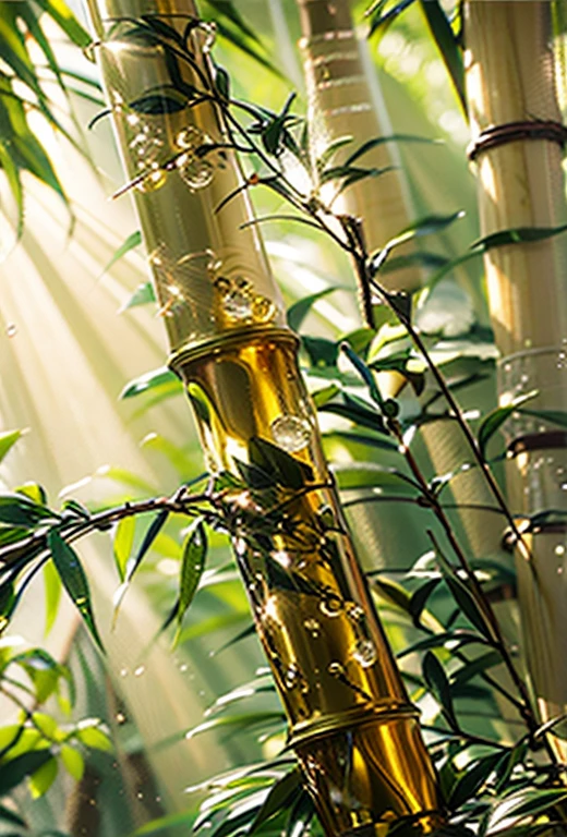 Golden bamboo, leaves and flowers with water droplets on them, with exquisite details. The background is colorful. It has an anime style, a fantasy art style, oil painting effects, and watercolor strokes. In the closeup view of the golden curved cane, it exudes an elegant atmosphere. There is a little bit of sparkling light between the branches and leaves, in the style of fantasy art. --ar 2:3