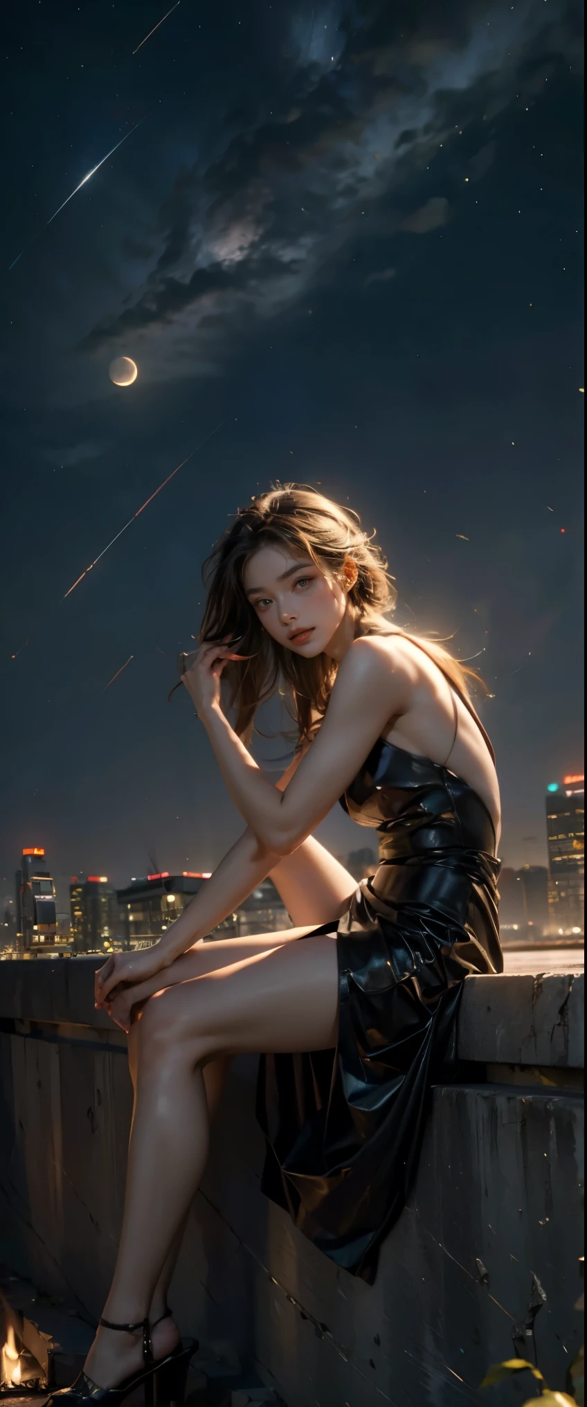 ((masterpiece, highest quality, Highest image quality, High resolution, photorealistic, Raw photo, 8K)), ((Extremely detailed CG unified 8k wallpaper)), Floating, Side view of a woman sitting on a giant crescent moon in the night sky,