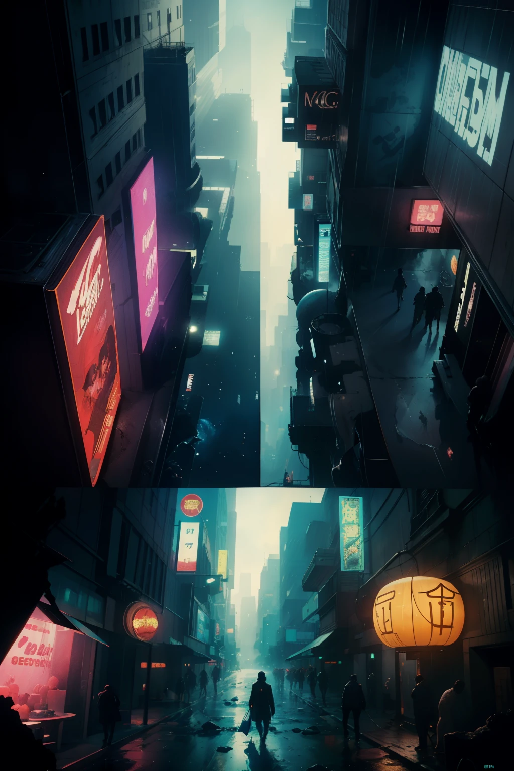 ((highest quality)), ((masterpiece)), (be familiar with), (High definition), (Accurate), (Realistic), (Cinematic), (Best Shadow), (Low contrast), (8K), Perfect Face, ((SYD MEAD style)), manga、mangaデザイン、Storyboard、Panel layout、(Sleeping Woman:1.1), (Replicant), (Replicant), ((Black Hair, very short hair, Blue Eyes)), (Black hooded raincoat), (Crouched in a corner of the ruins)、Glittering neon signs、congestion, congestion, Decadent Future City, NEO TOKYO, A.D.2051, (steam:1.2), It's raining white, evening, 