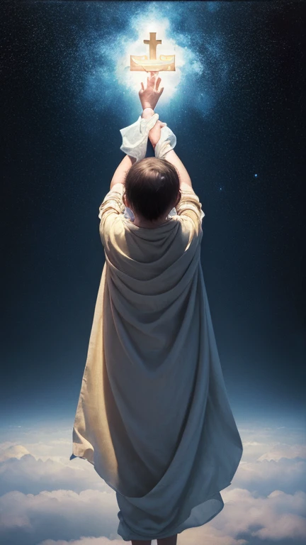 Back view of long-haired woman in ancient Greek chiton, hands raised, 
BREAK
(a baby wrapped in holy cloth floating beyond:1.5), colorful universe behind, religious painting, spiritual masterpiece, Christian art, unknown artist, best quality, 8k, high resolution, ultra-detailed, extremely detailed, top quality, realistic, 