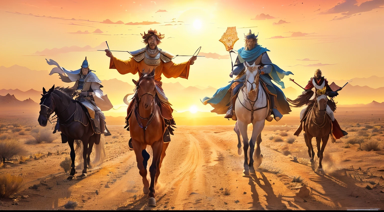 Three men in costumes riding horses in the desert at sunset, Journey to the West, Biblical epic movie, film Silk Road landscape, Key Art, Movie promotional images, Sun Wukong, The wise man is on top, Fantasy movie stills, from three kingdoms, on Netflix, Hot ,, 368k Movies, author:Alexander Kucharsky