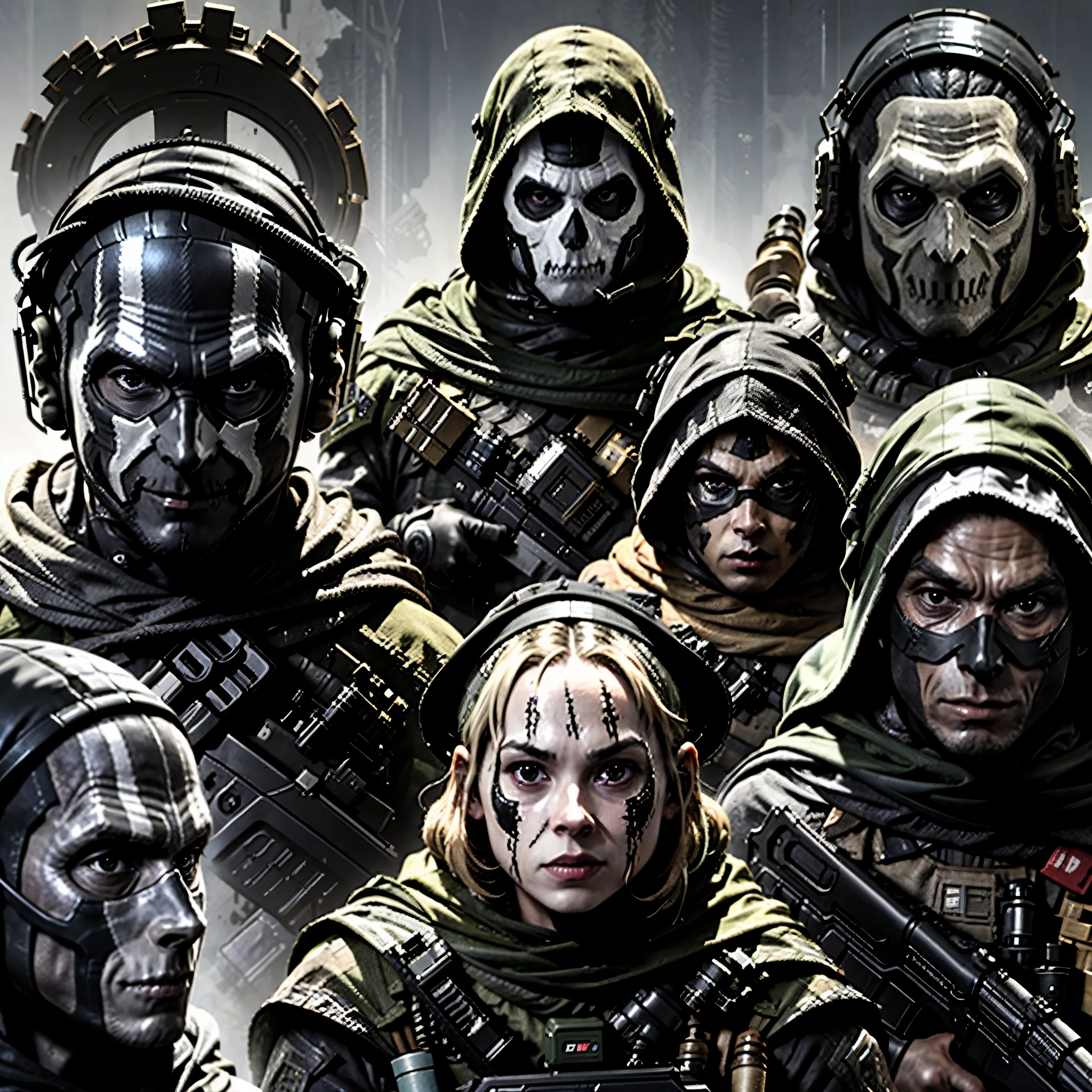Four bandits, each holding a gun up with menacing grins concealed behind masks. Their eyes gleamed with mischief and malice, ready to strike at a moment's notice. The stakes were high, and the tension in the air was palpable as they waited for their next move. Their slightest twitch or movement would give away their intentions, making this standoff a dangerous game of cat and mouse. The hidden identities added an extra layer of mystery and intrigue to the situation, leaving the audience on the edge of their seats wondering who would come out on top.