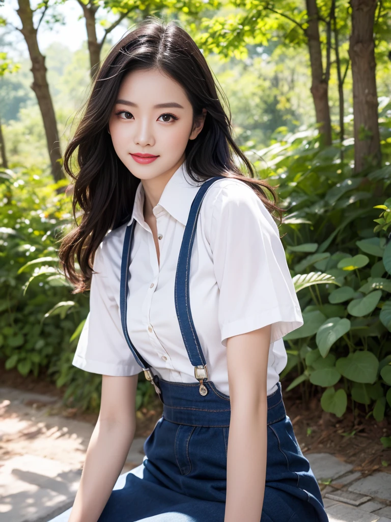 A beautiful and cute girl, full body photo, extremely beautiful and delicate, black hair, sweet smile, delicate beautiful fair skin, realistic and realistic, exquisite and complete facial features, detailed facial portrayal, high nose bridge, flowing smooth hair, extremely delicate hair, soft temperament, face light, tall, thin, real, hyper-real, full-body lens, forward tilt angle, ultimate picture quality, highest precision, accurate and perfect human body structure. Blue sky and white clouds, sitting in the woods, blue sky and white clouds, sunlight, (suspenders, long skirts) panties are clearly visible