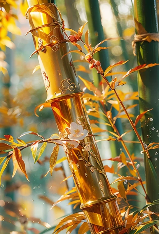 Golden bamboo, leaves and flowers with water droplets on them, with exquisite details. The background is colorful. It has an anime style, a fantasy art style, oil painting effects, and watercolor strokes. In the closeup view of the golden curved cane, it exudes an elegant atmosphere. There is a little bit of sparkling light between the branches and leaves, in the style of fantasy art. --ar 2:3