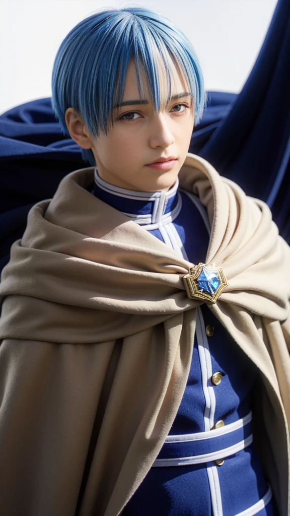 Himmel, 1man, cape, jacket, looking at viewer, upper body, detailed face, detailed eyes, blue hair, handsome