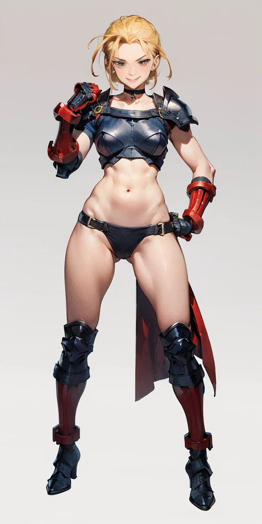 ((Plain background 1:2)) (Cammy White Street Fighter 6) Female full body standing straight symmetrical, lateral position (breastplate, choker, bracers, handcuffs, shackles, rerebrace, armored, high boots bootstraps, shoulder armor, faulds, poleyn, gloves, gauntlets), lustful smirking smile face red blushed red cheeks, (hands (clenching) on hips), loincloth